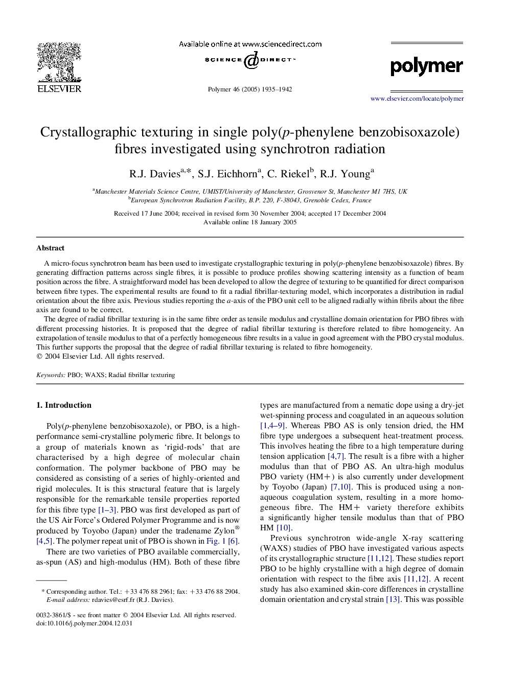 Crystallographic texturing in single poly(p-phenylene benzobisoxazole) fibres investigated using synchrotron radiation