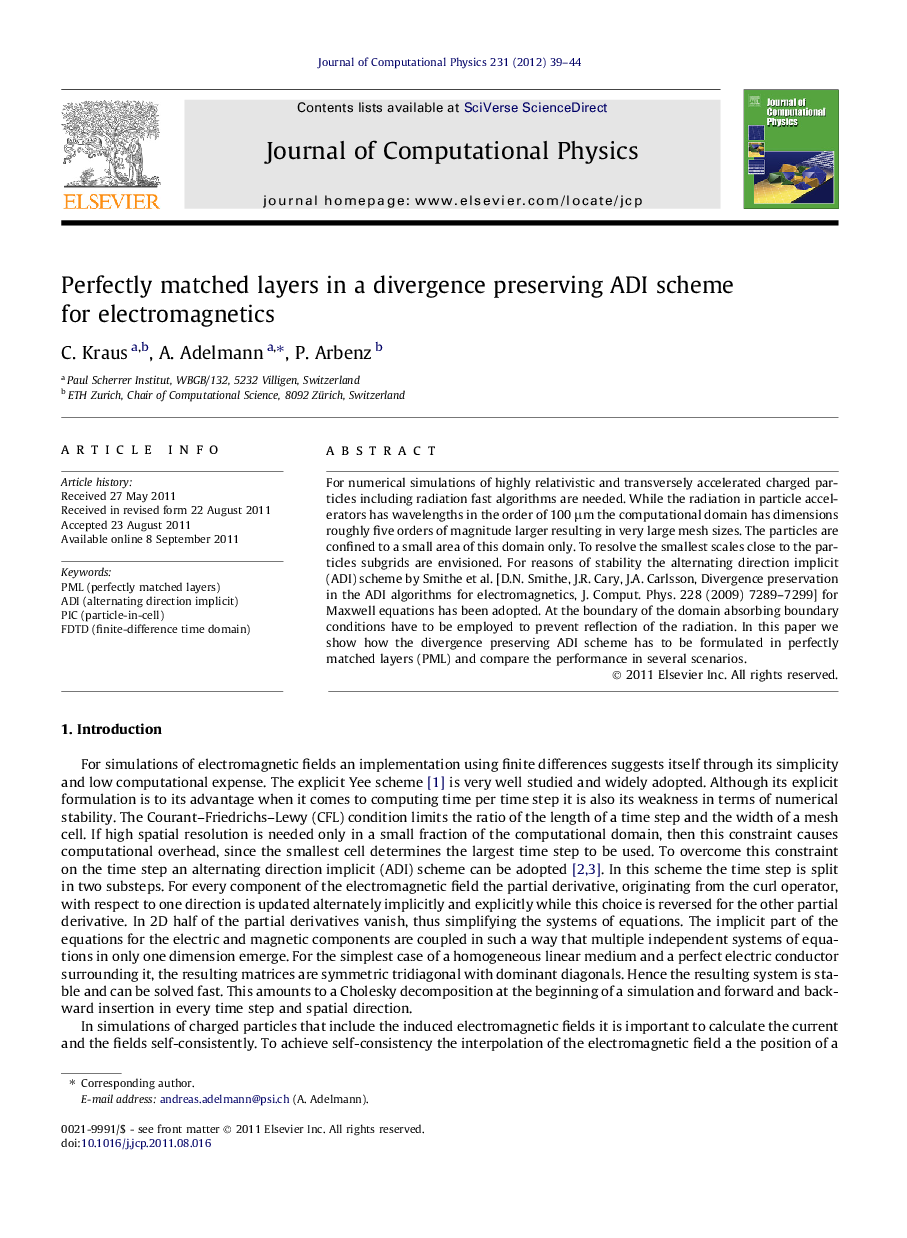 Perfectly matched layers in a divergence preserving ADI scheme for electromagnetics