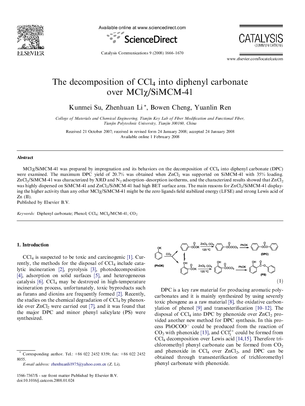 The decomposition of CCl4 into diphenyl carbonate over MClχ/SiMCM-41