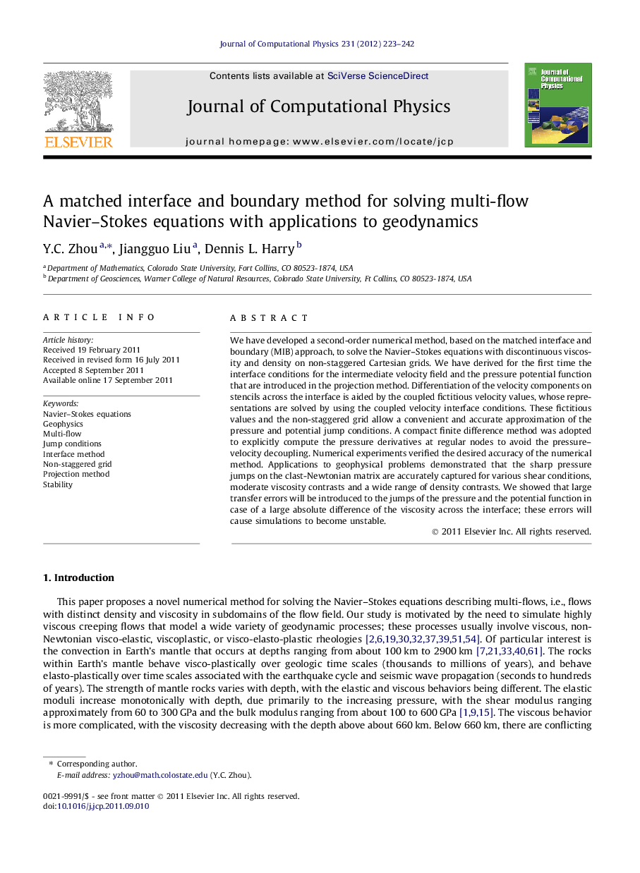 A matched interface and boundary method for solving multi-flow Navier–Stokes equations with applications to geodynamics