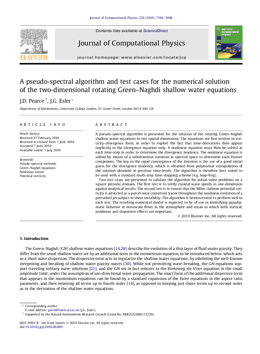 A pseudo-spectral algorithm and test cases for the numerical solution of the two-dimensional rotating Green–Naghdi shallow water equations