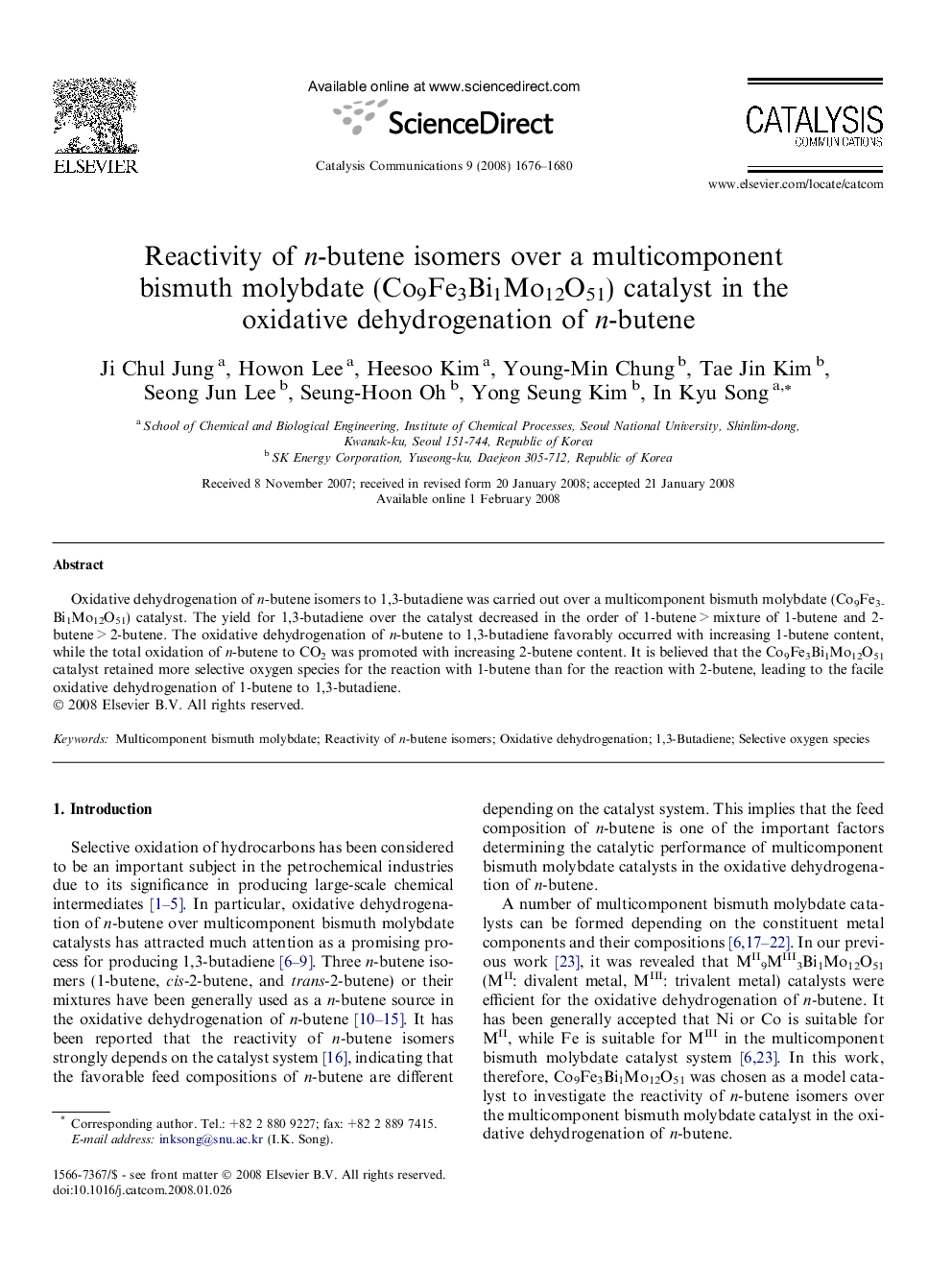 Reactivity of n-butene isomers over a multicomponent bismuth molybdate (Co9Fe3Bi1Mo12O51) catalyst in the oxidative dehydrogenation of n-butene