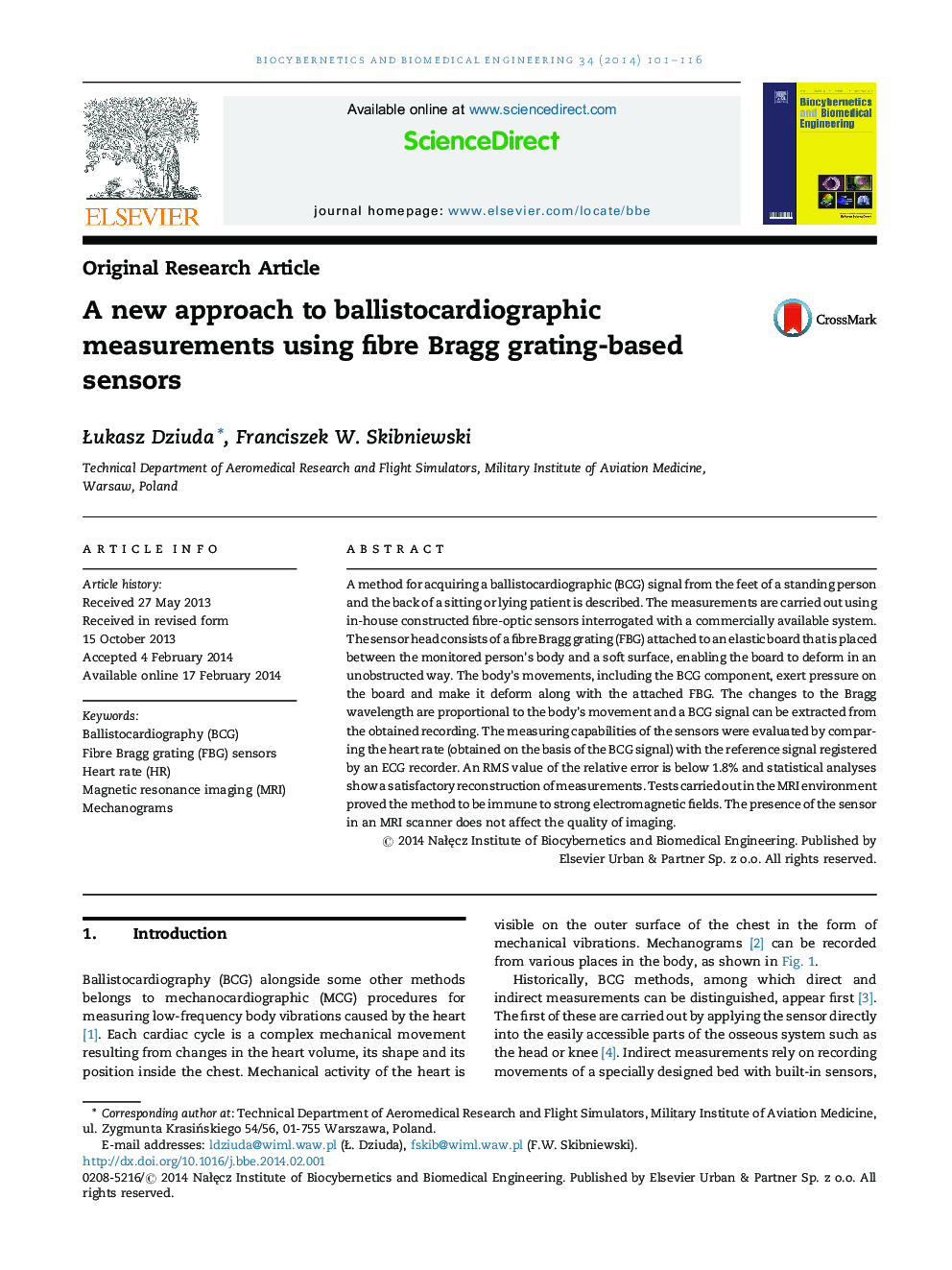A new approach to ballistocardiographic measurements using fibre Bragg grating-based sensors