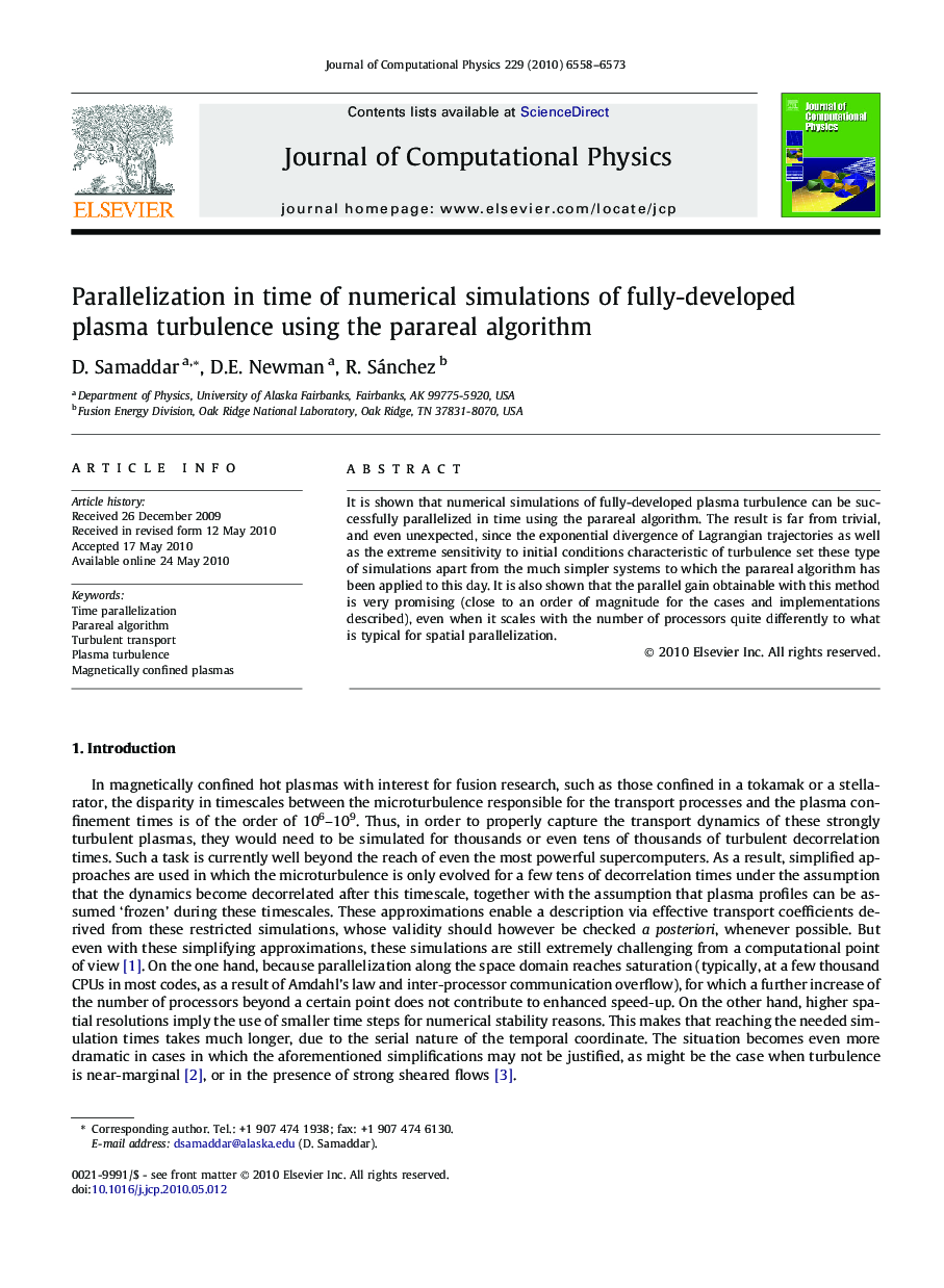 Parallelization in time of numerical simulations of fully-developed plasma turbulence using the parareal algorithm