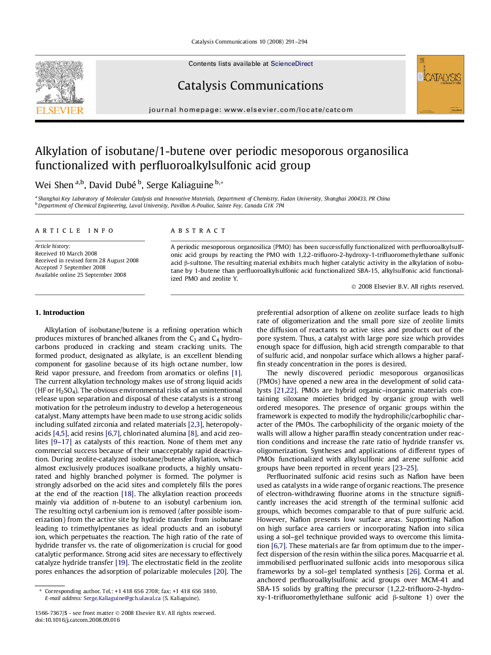 Alkylation of isobutane/1-butene over periodic mesoporous organosilica functionalized with perfluoroalkylsulfonic acid group