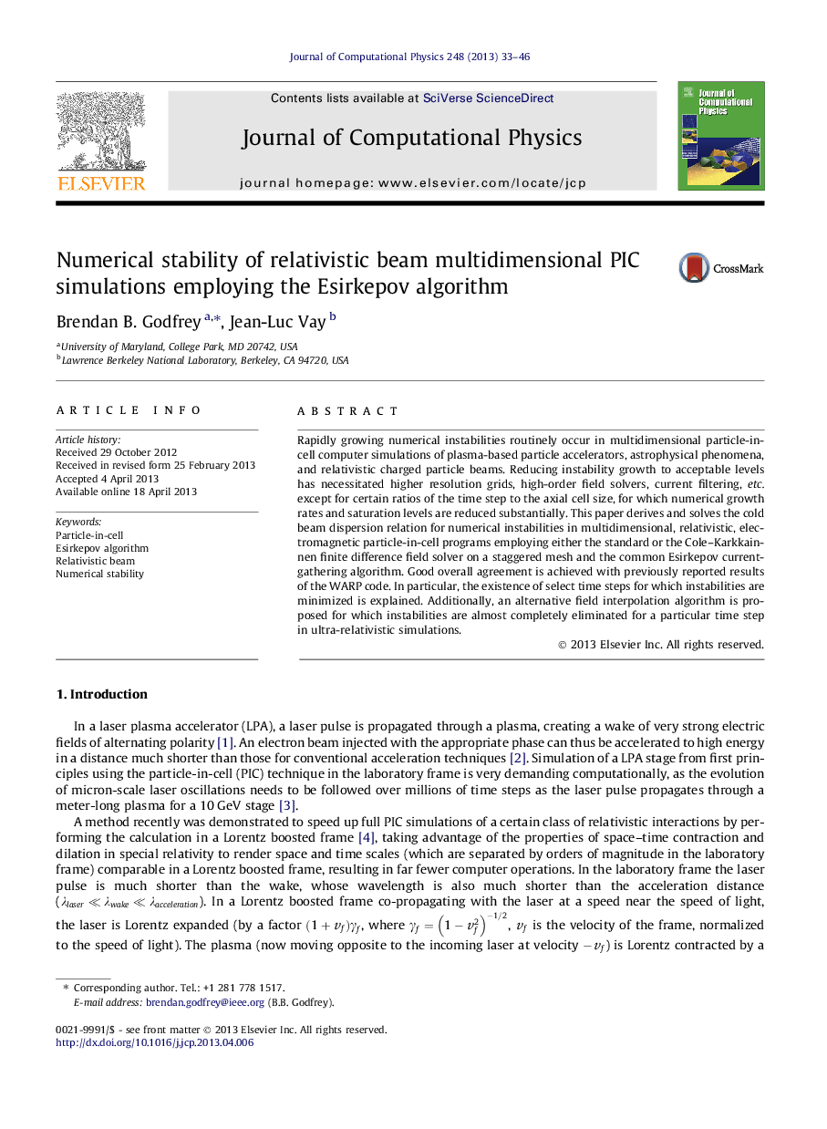 Numerical stability of relativistic beam multidimensional PIC simulations employing the Esirkepov algorithm