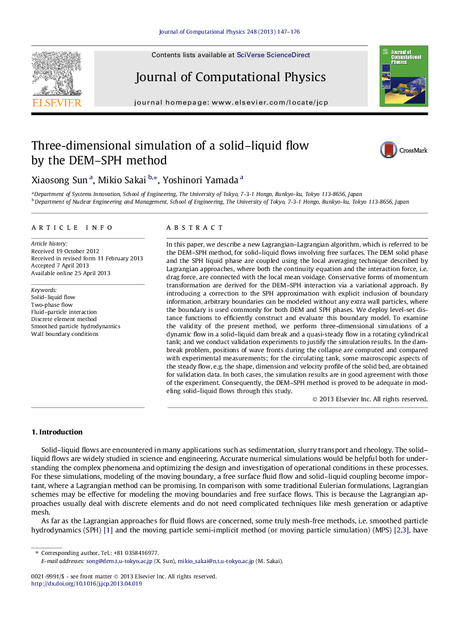 Three-dimensional simulation of a solid–liquid flow by the DEM–SPH method