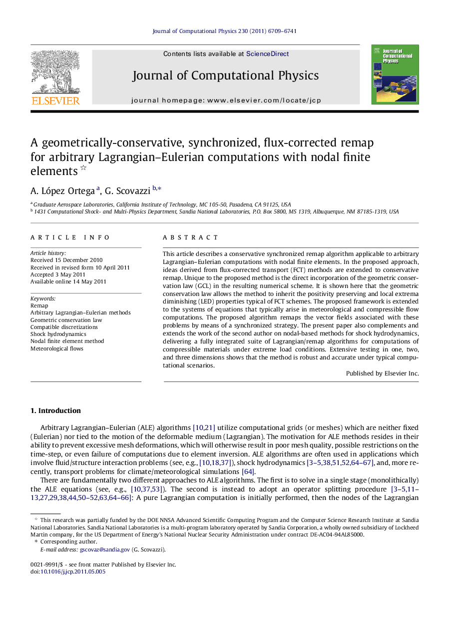 A geometrically-conservative, synchronized, flux-corrected remap for arbitrary Lagrangian–Eulerian computations with nodal finite elements 