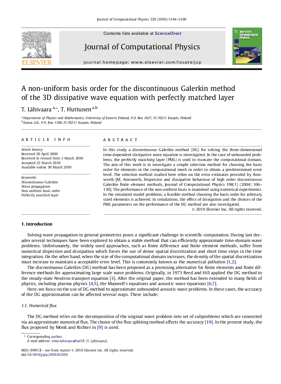 A non-uniform basis order for the discontinuous Galerkin method of the 3D dissipative wave equation with perfectly matched layer