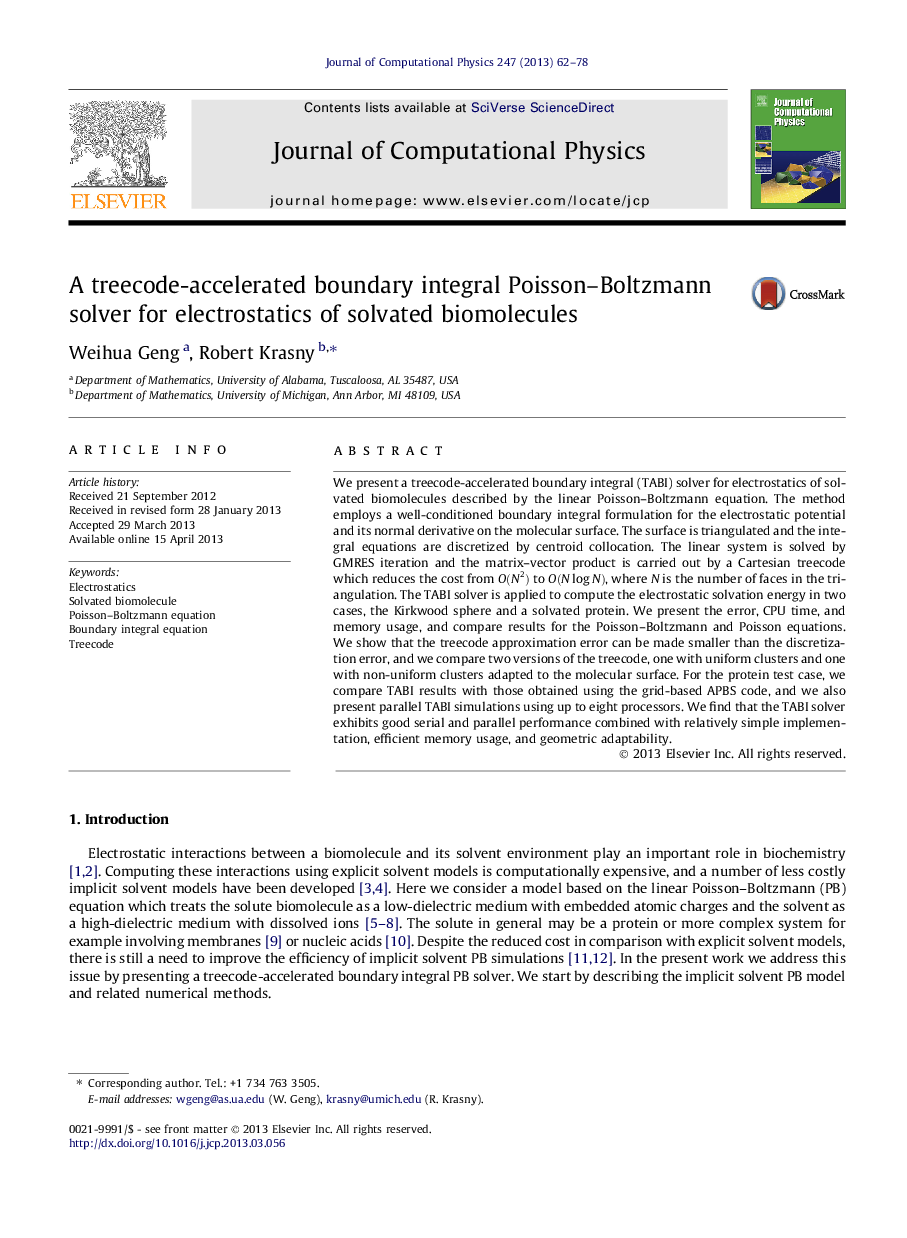 A treecode-accelerated boundary integral Poisson–Boltzmann solver for electrostatics of solvated biomolecules