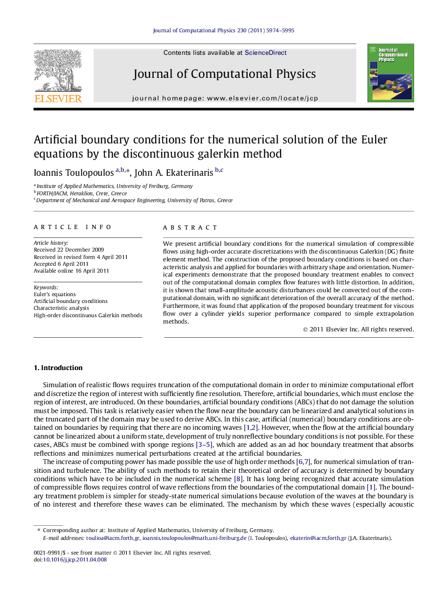 Artificial boundary conditions for the numerical solution of the Euler equations by the discontinuous galerkin method