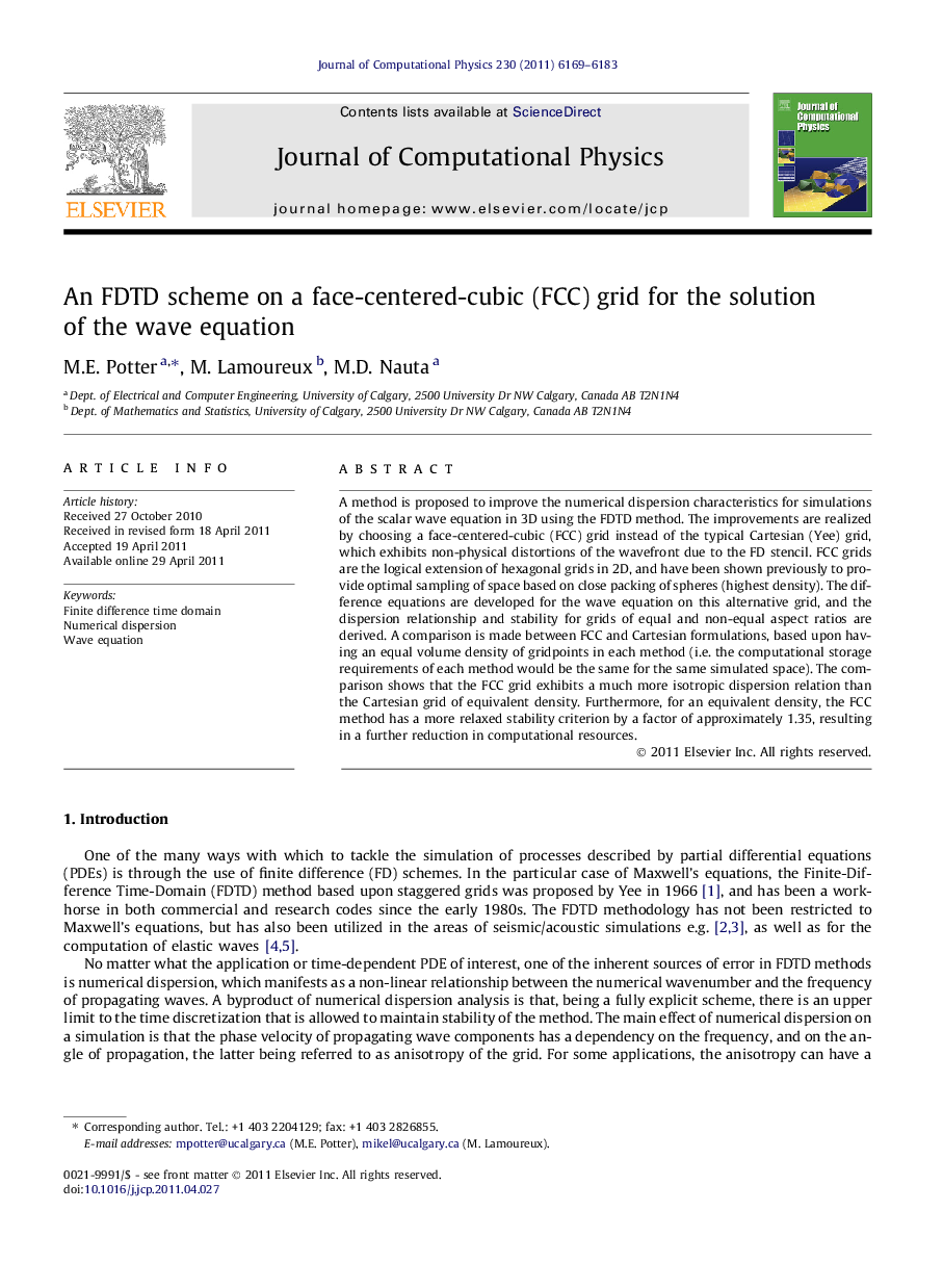 An FDTD scheme on a face-centered-cubic (FCC) grid for the solution of the wave equation