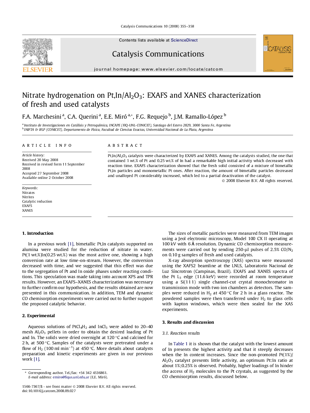 Nitrate hydrogenation on Pt,In/Al2O3: EXAFS and XANES characterization of fresh and used catalysts