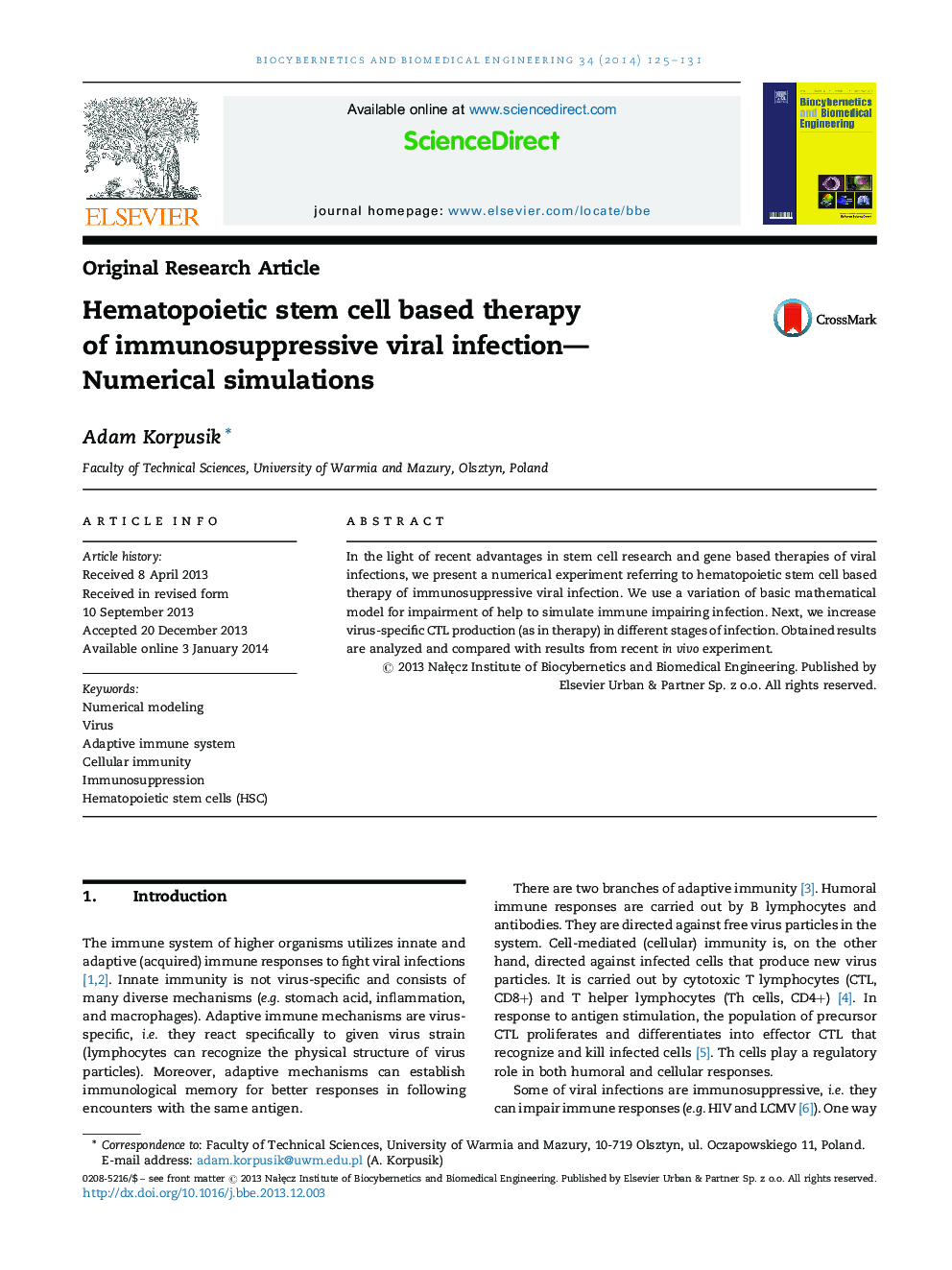 Hematopoietic stem cell based therapy of immunosuppressive viral infection—Numerical simulations