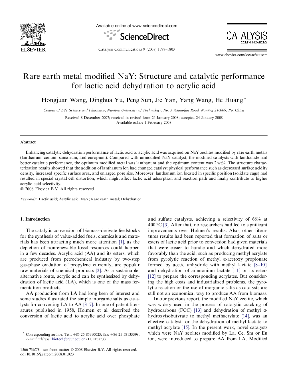 Rare earth metal modified NaY: Structure and catalytic performance for lactic acid dehydration to acrylic acid