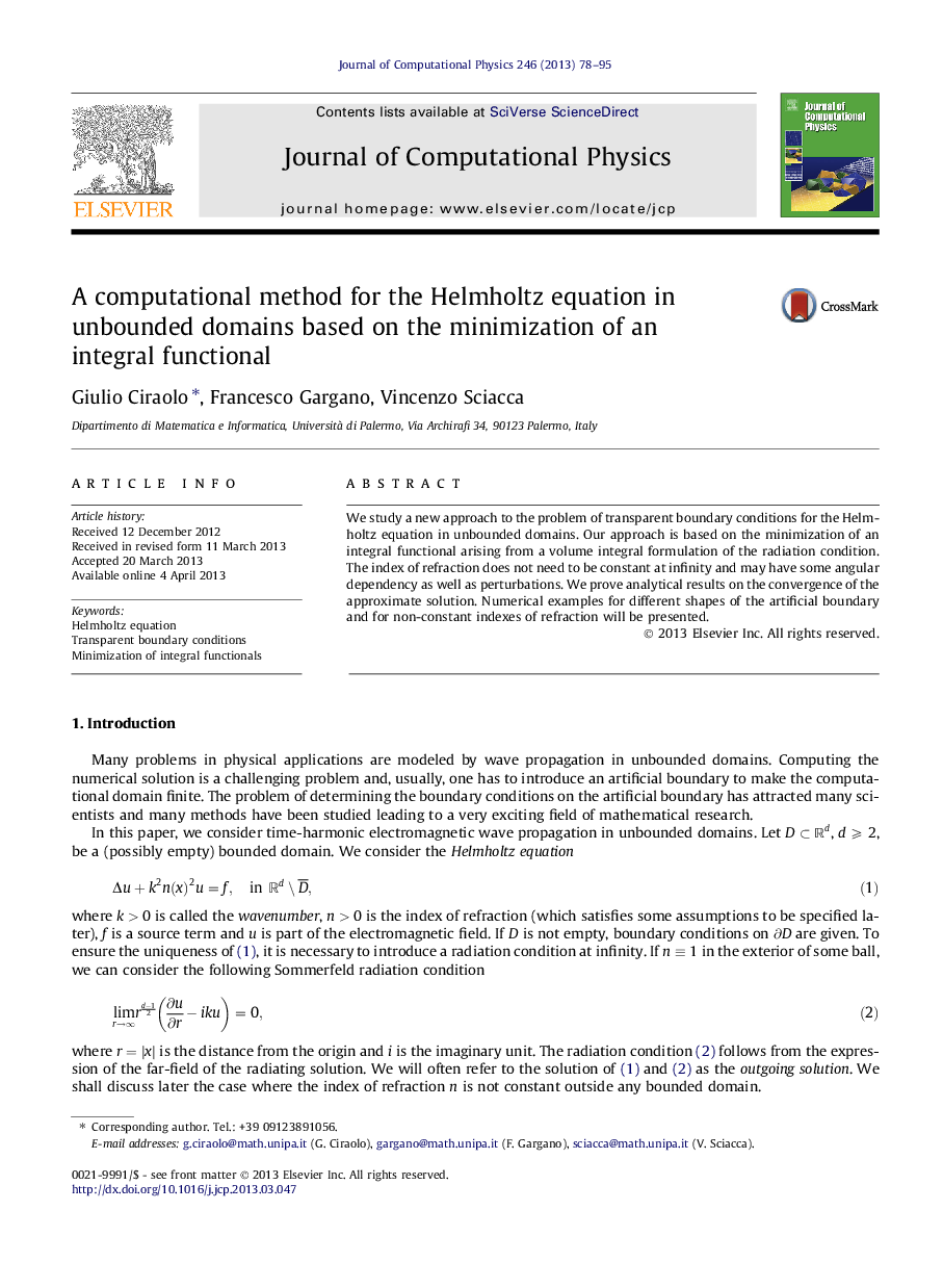 A computational method for the Helmholtz equation in unbounded domains based on the minimization of an integral functional