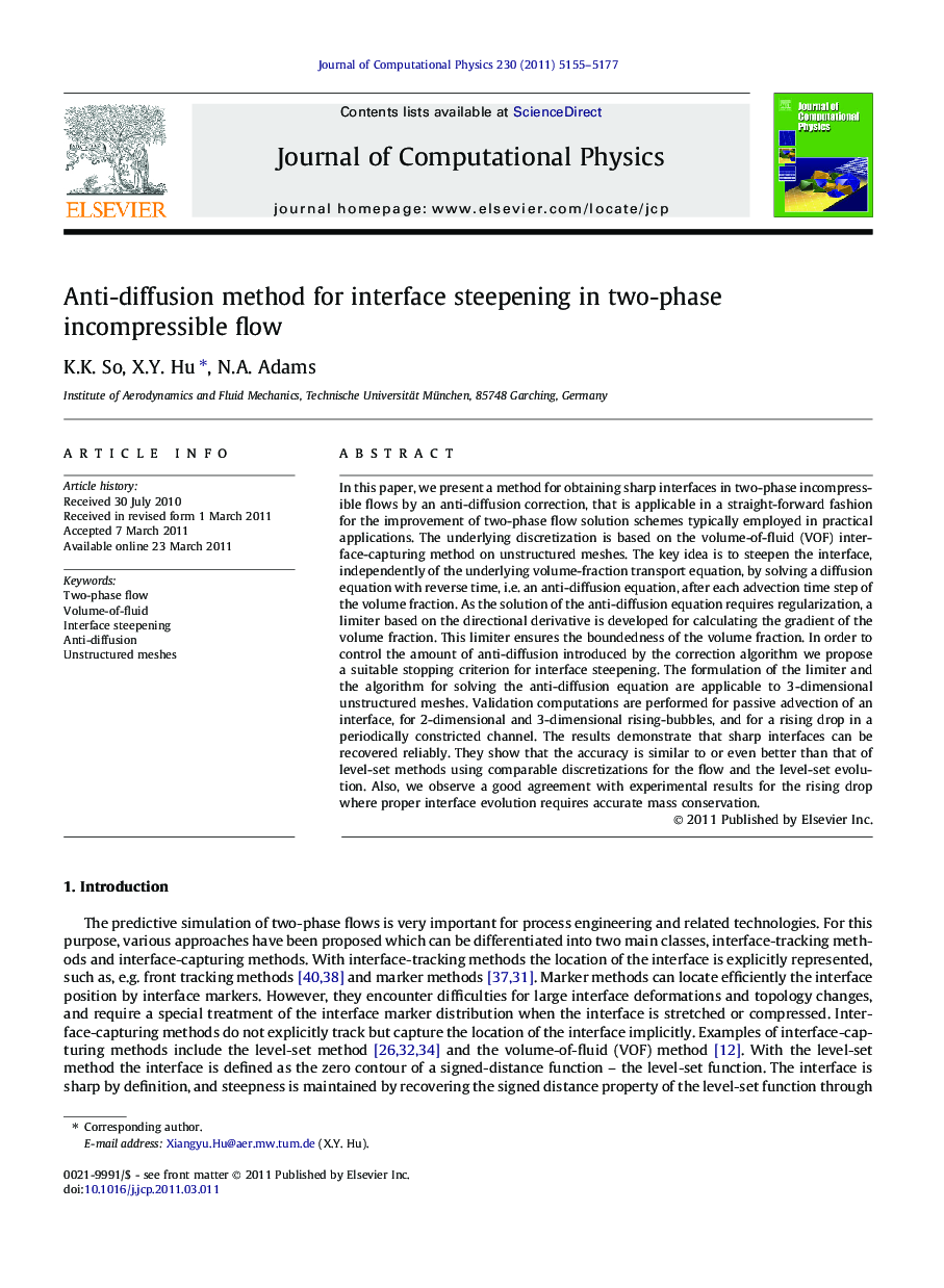 Anti-diffusion method for interface steepening in two-phase incompressible flow