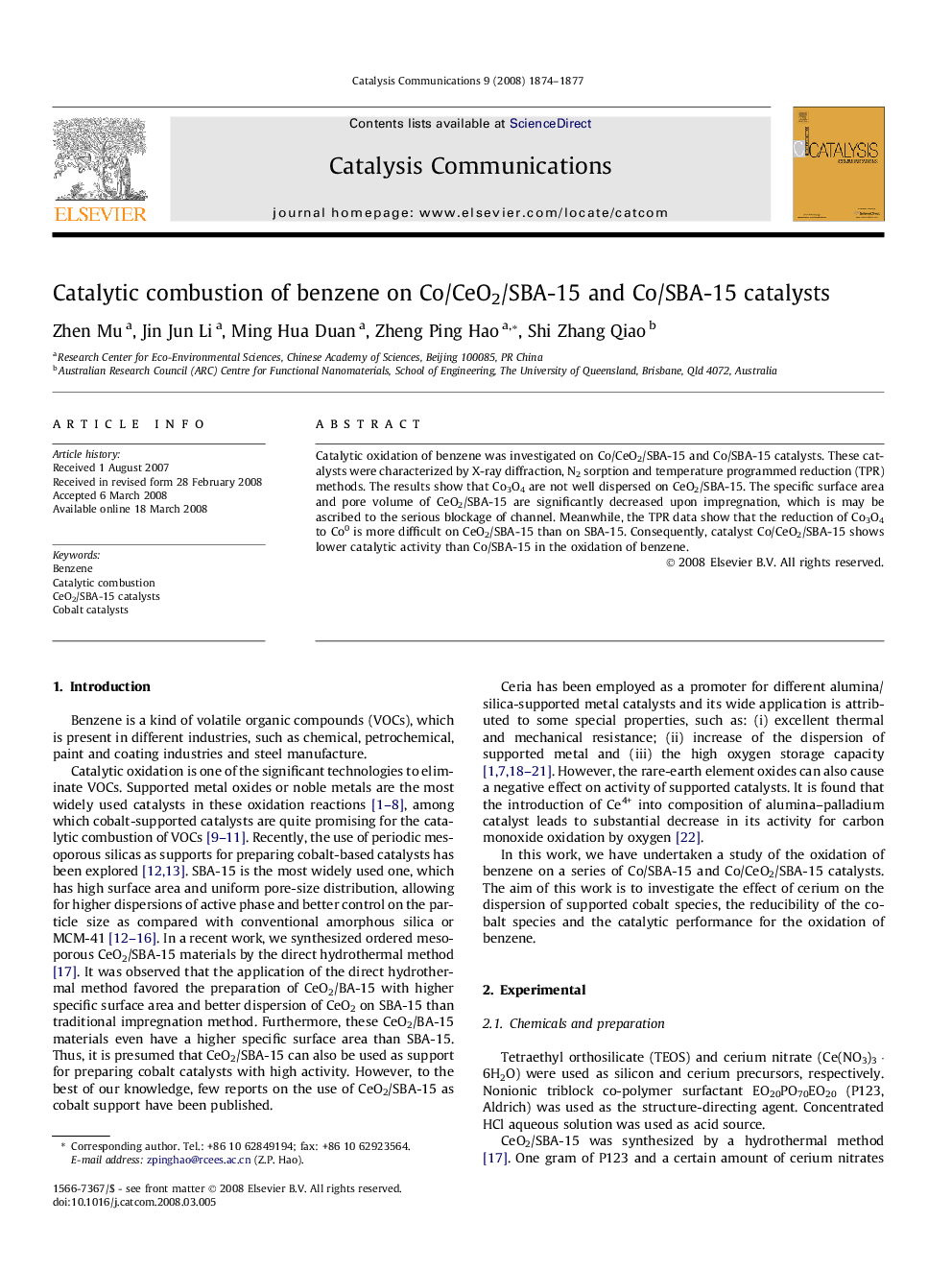 Catalytic combustion of benzene on Co/CeO2/SBA-15 and Co/SBA-15 catalysts