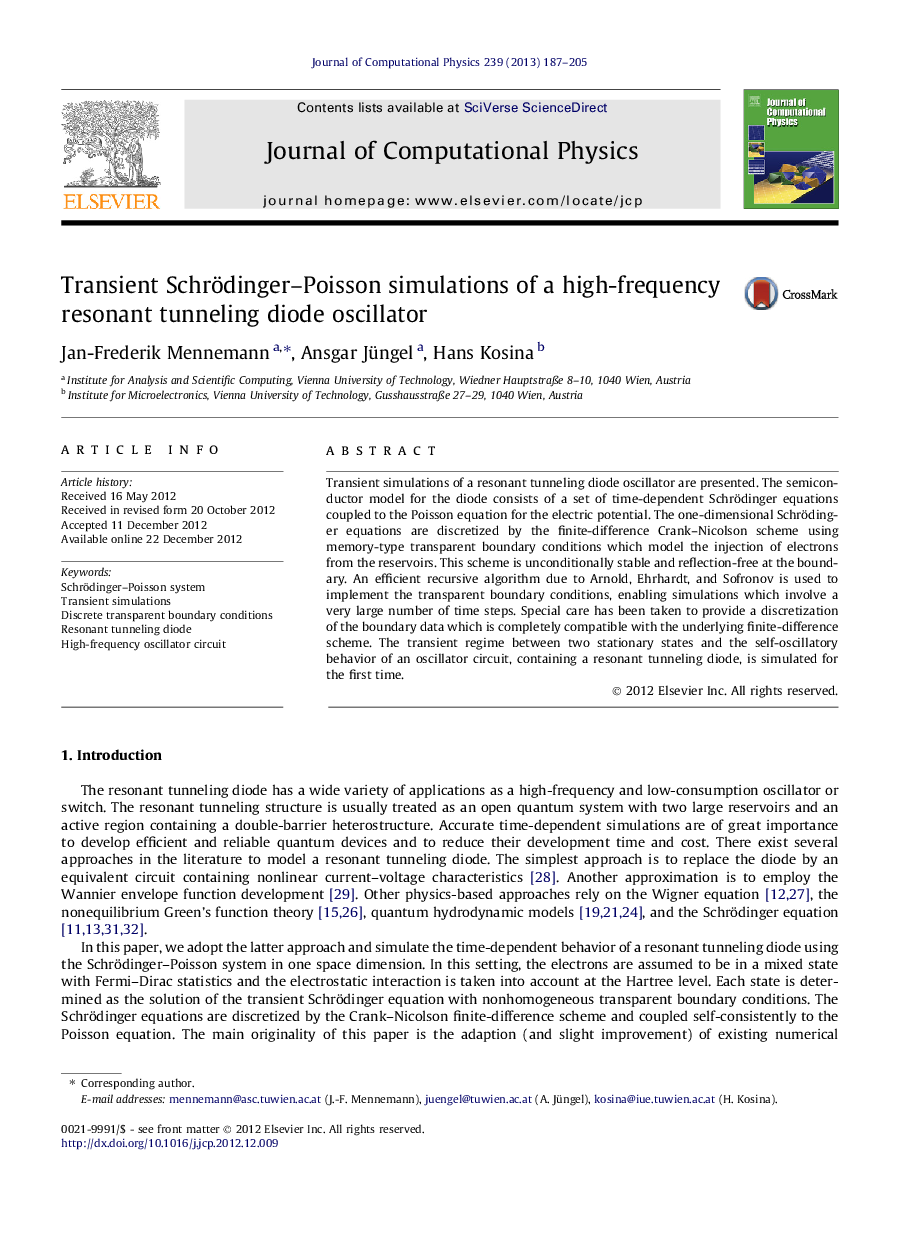 Transient Schrödinger–Poisson simulations of a high-frequency resonant tunneling diode oscillator