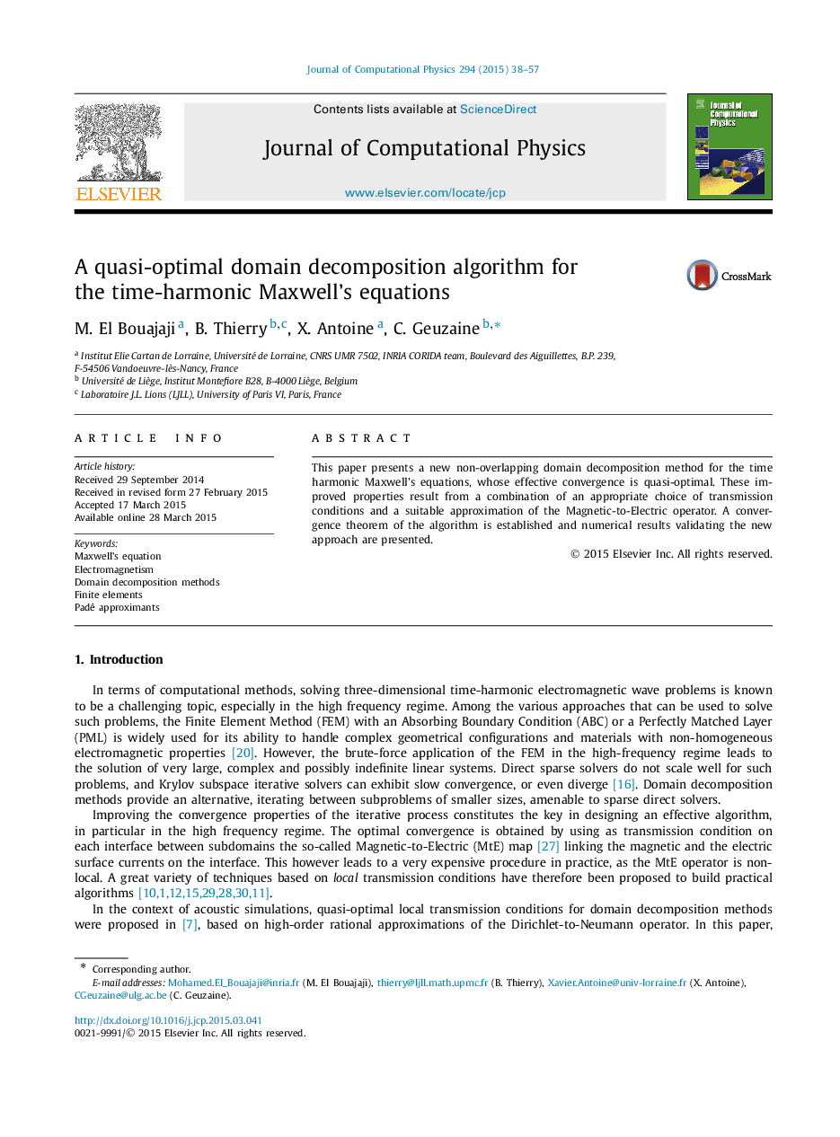 A quasi-optimal domain decomposition algorithm for the time-harmonic Maxwell's equations