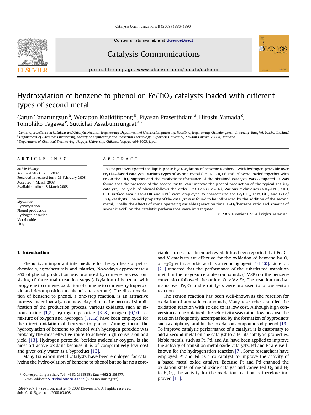 Hydroxylation of benzene to phenol on Fe/TiO2 catalysts loaded with different types of second metal