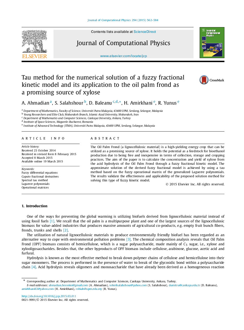 Tau method for the numerical solution of a fuzzy fractional kinetic model and its application to the oil palm frond as a promising source of xylose