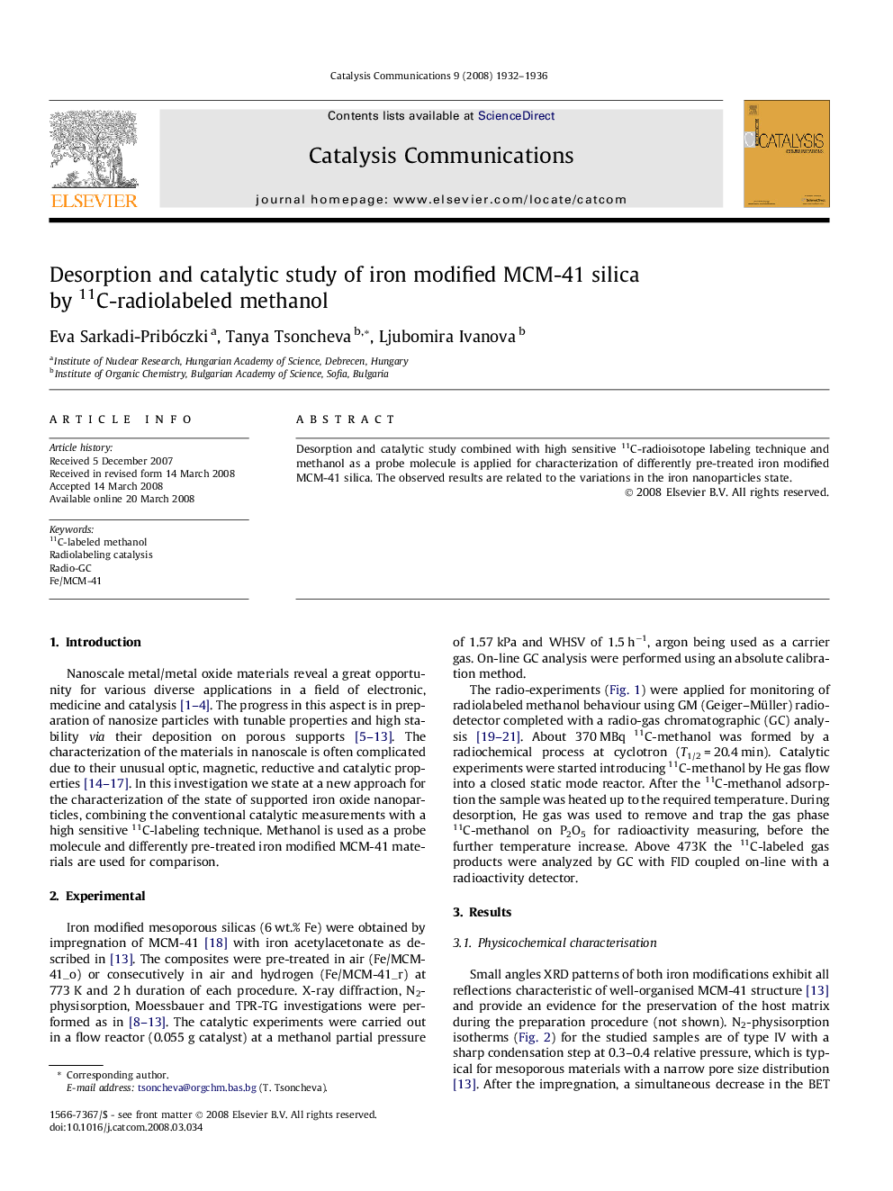عکس صفحه اول مقاله: Desorption and catalytic study of iron modified MCM-41 silica by 11C-radiolabeled methanol Desorption and catalytic study of iron modified MCM-41 silica by 11C-radiolabeled methanol