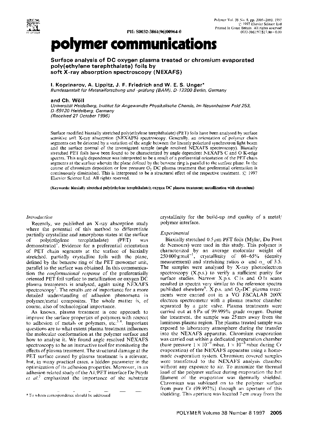 Surface analysis of DC oxygen plasma treated or chromium evaporated poly(ethylene terephthalate) foils by soft X-ray absorption spectroscopy (NEXAFS)