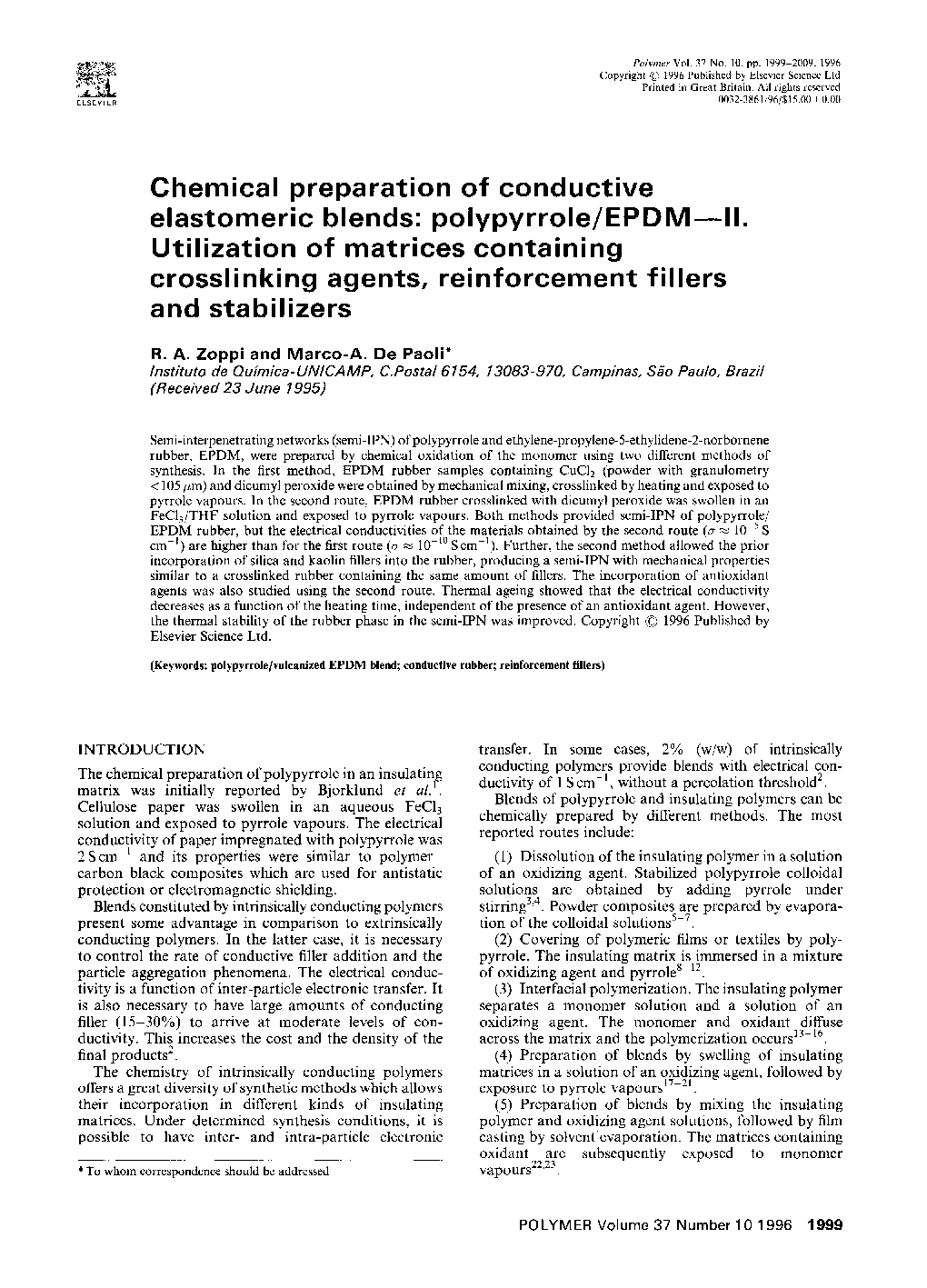 Chemical preparation of conductive elastomeric blends: polypyrrole/EPDM-II. Utilization of matrices containing crosslinking agents, reinforcement fillers and stabilizers