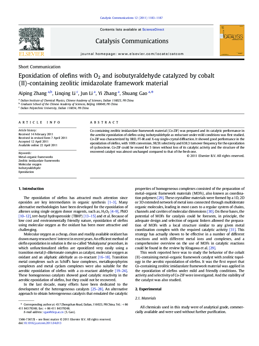 Epoxidation of olefins with O2 and isobutyraldehyde catalyzed by cobalt (II)-containing zeolitic imidazolate framework material