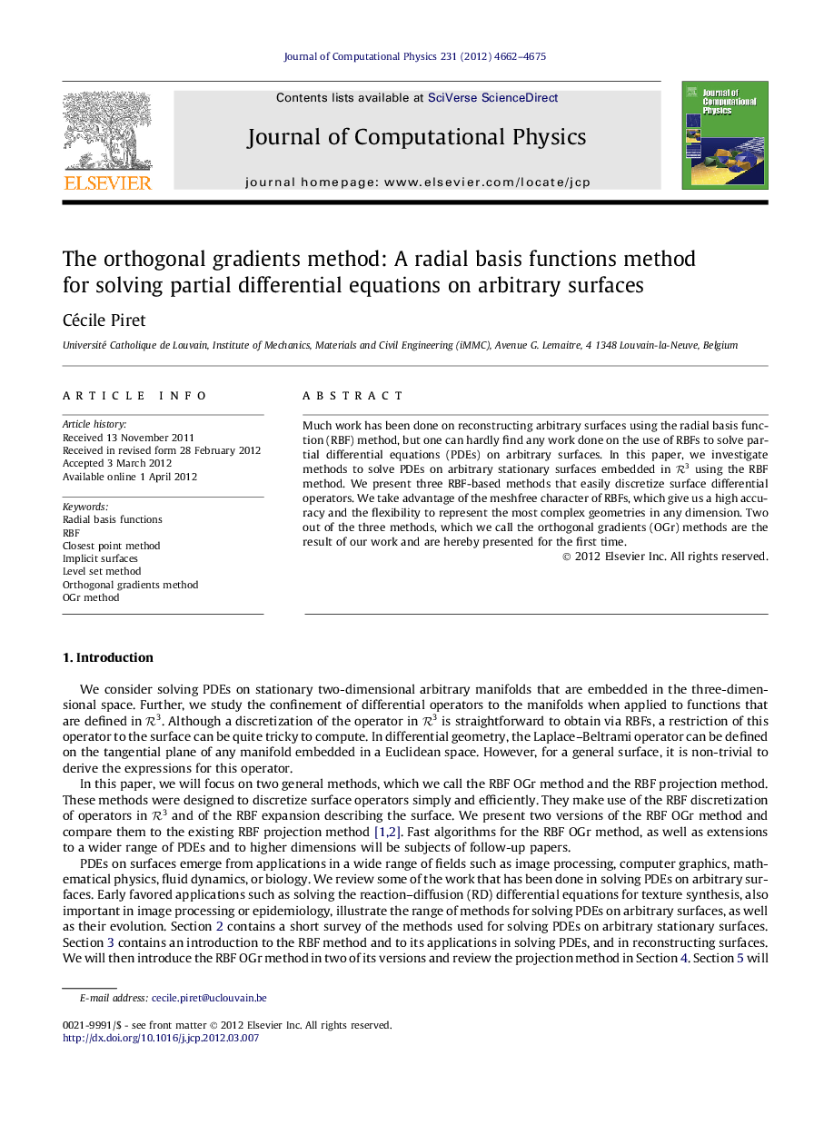 The orthogonal gradients method: A radial basis functions method for solving partial differential equations on arbitrary surfaces