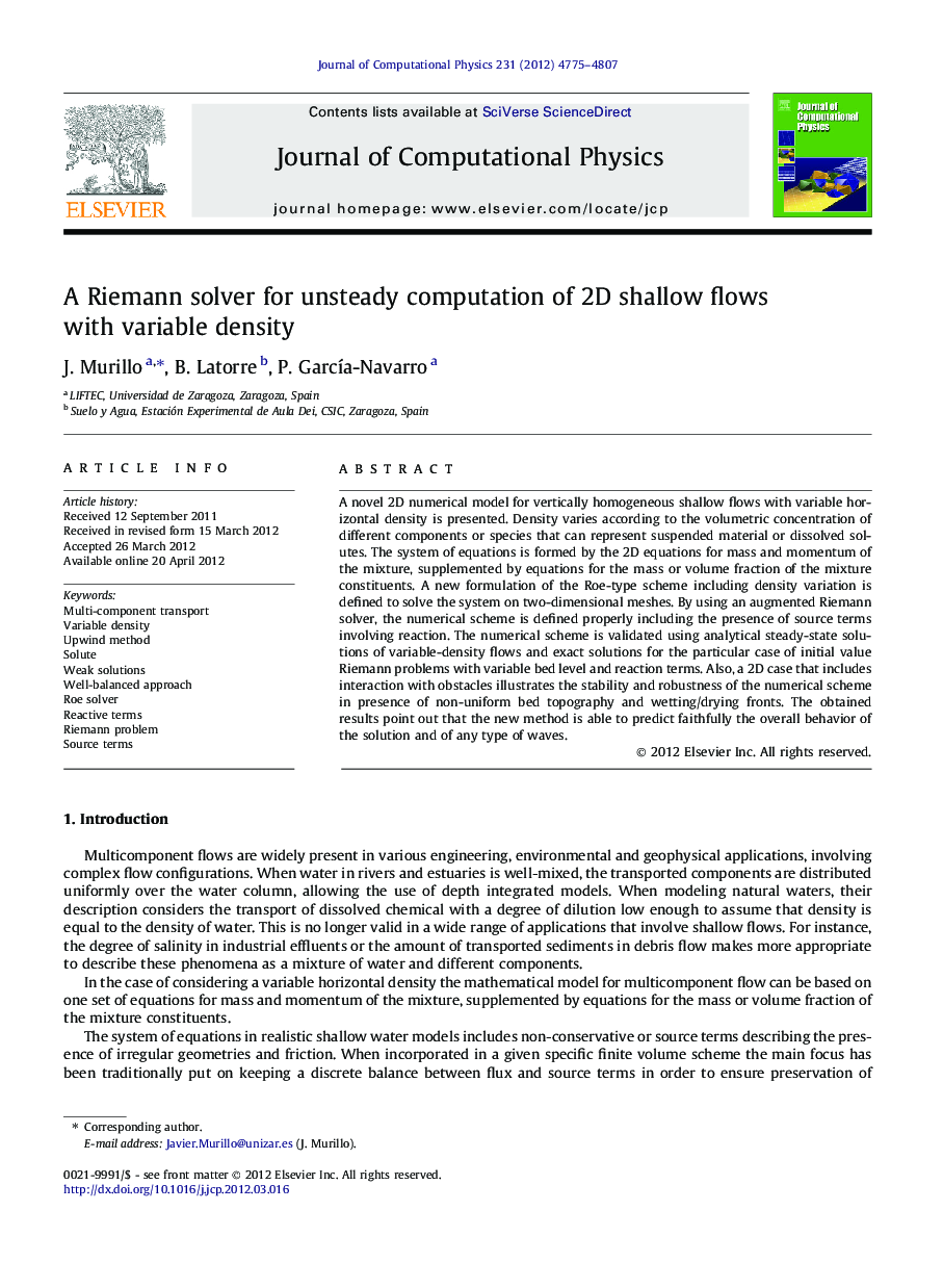 A Riemann solver for unsteady computation of 2D shallow flows with variable density