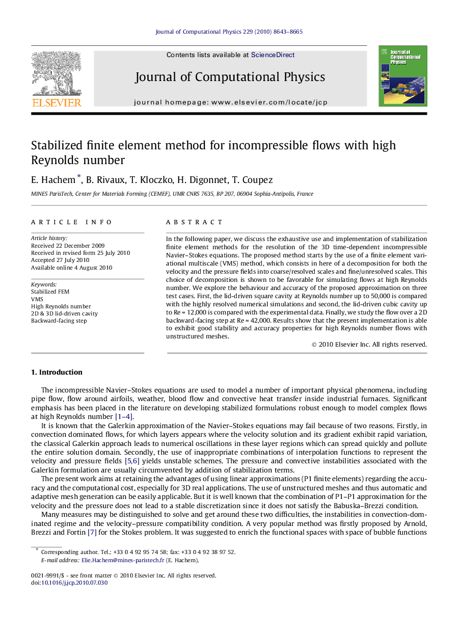 Stabilized finite element method for incompressible flows with high Reynolds number