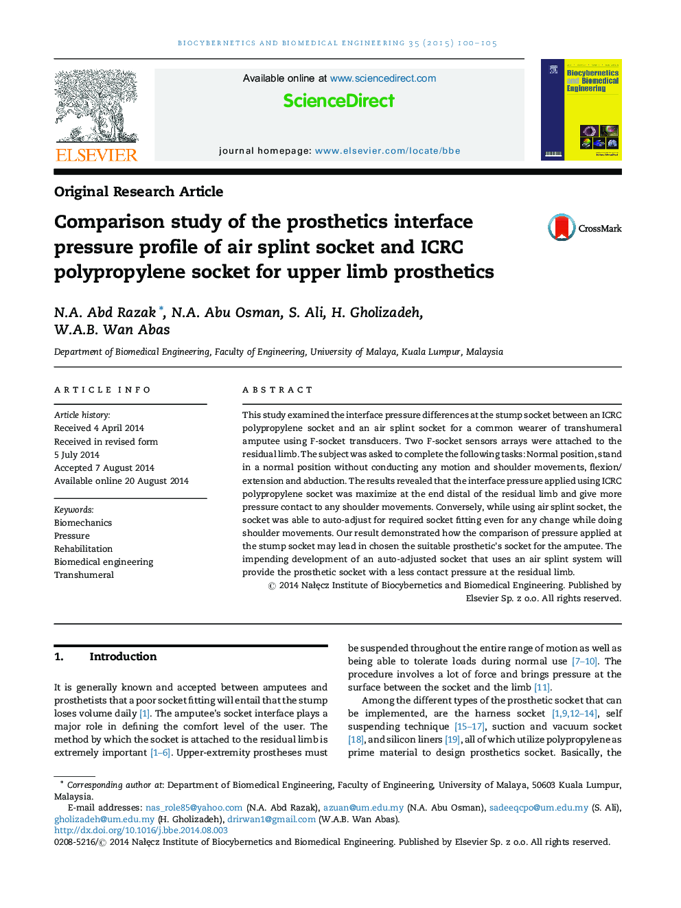 Comparison study of the prosthetics interface pressure profile of air splint socket and ICRC polypropylene socket for upper limb prosthetics