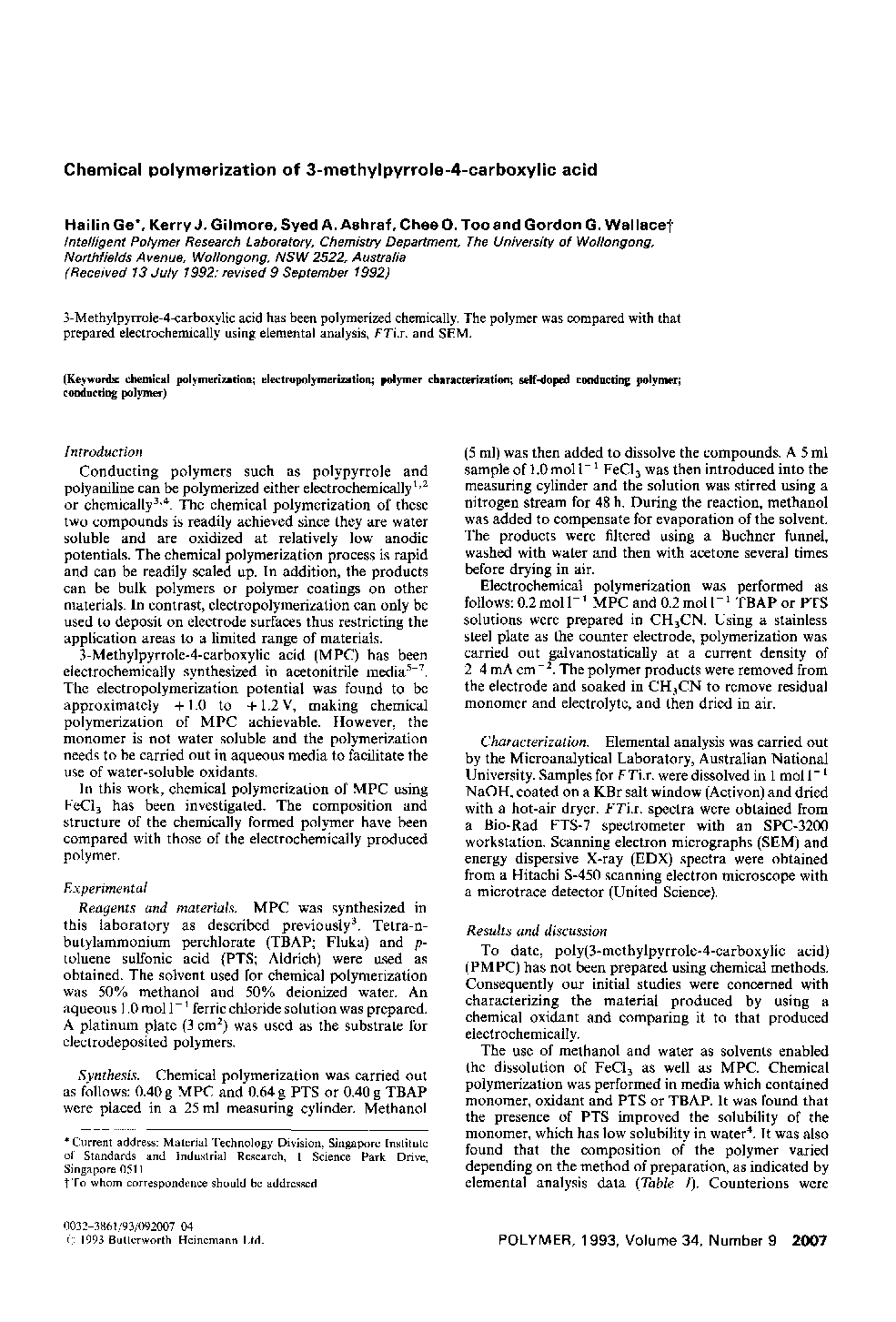 Polymer communicationChemical polymerization of 3-methylpyrrole-4-carboxylic acid