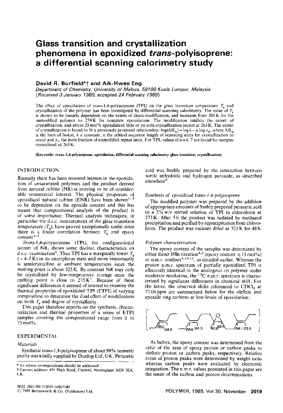 Glass transition and crystallization phenomena in epoxidized trans-polyisoprene: a differential scanning calorimetry study