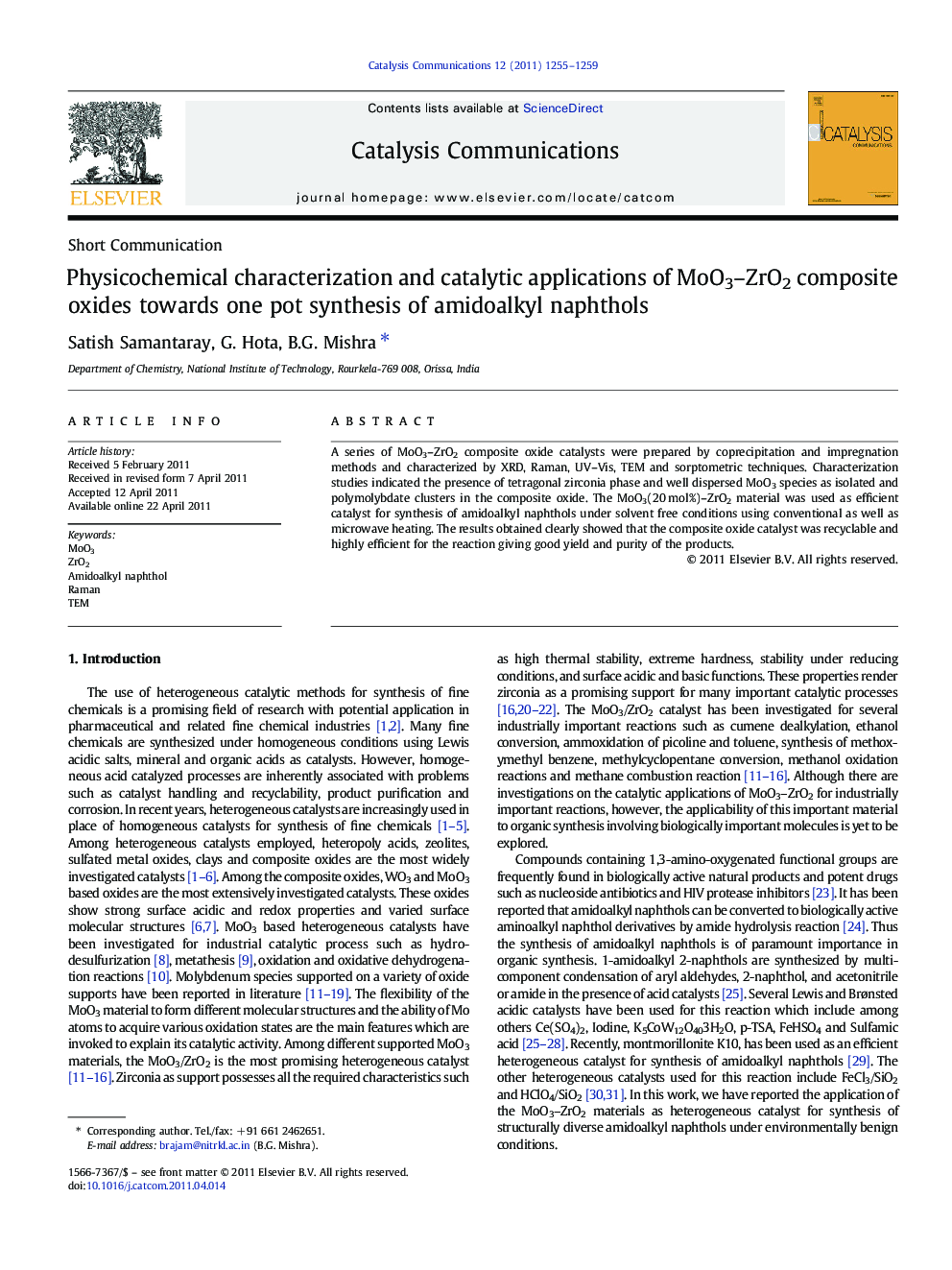 Physicochemical characterization and catalytic applications of MoO3–ZrO2 composite oxides towards one pot synthesis of amidoalkyl naphthols