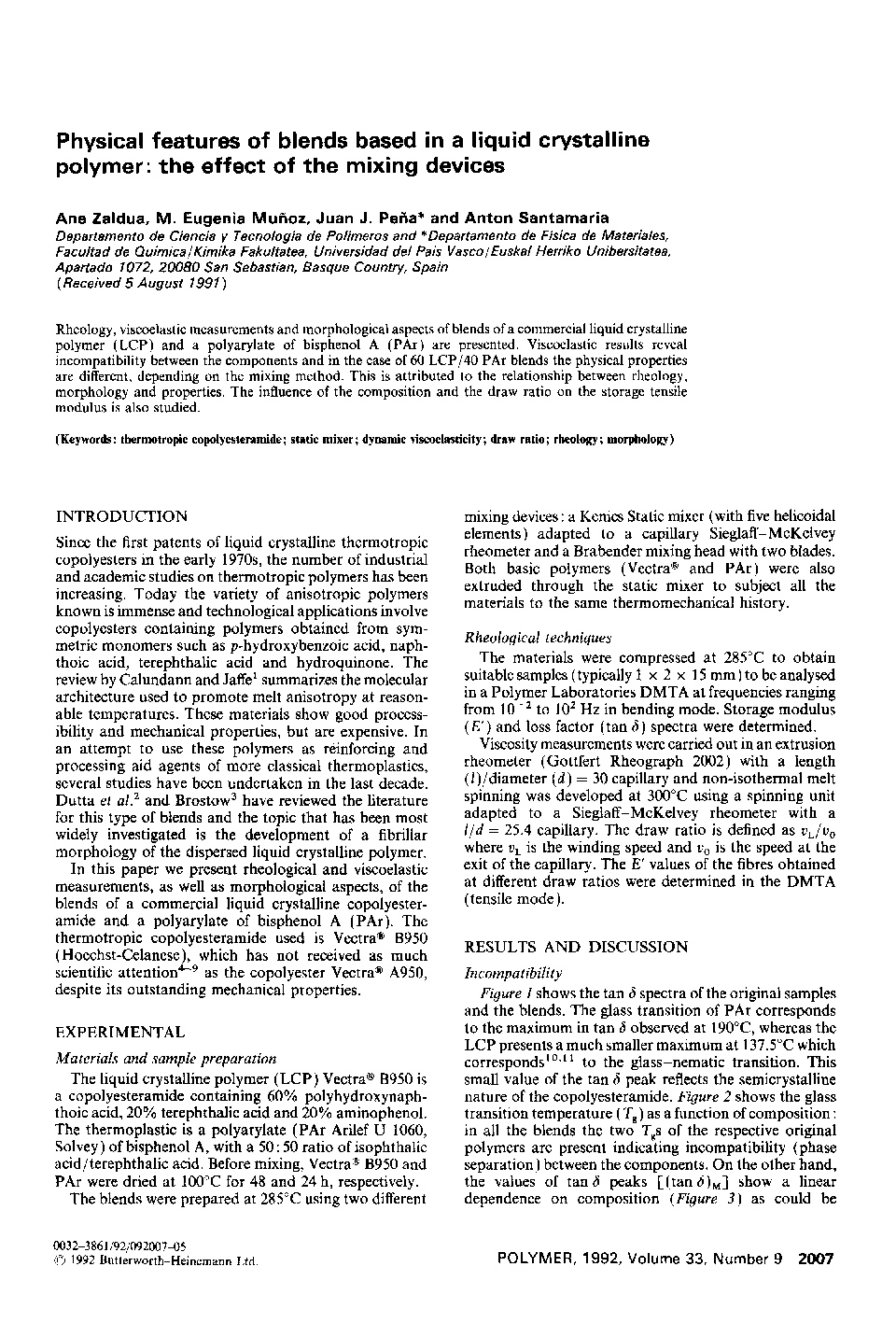 Physical features of blends based in a liquid crystalline polymer: the effect of the mixing devices