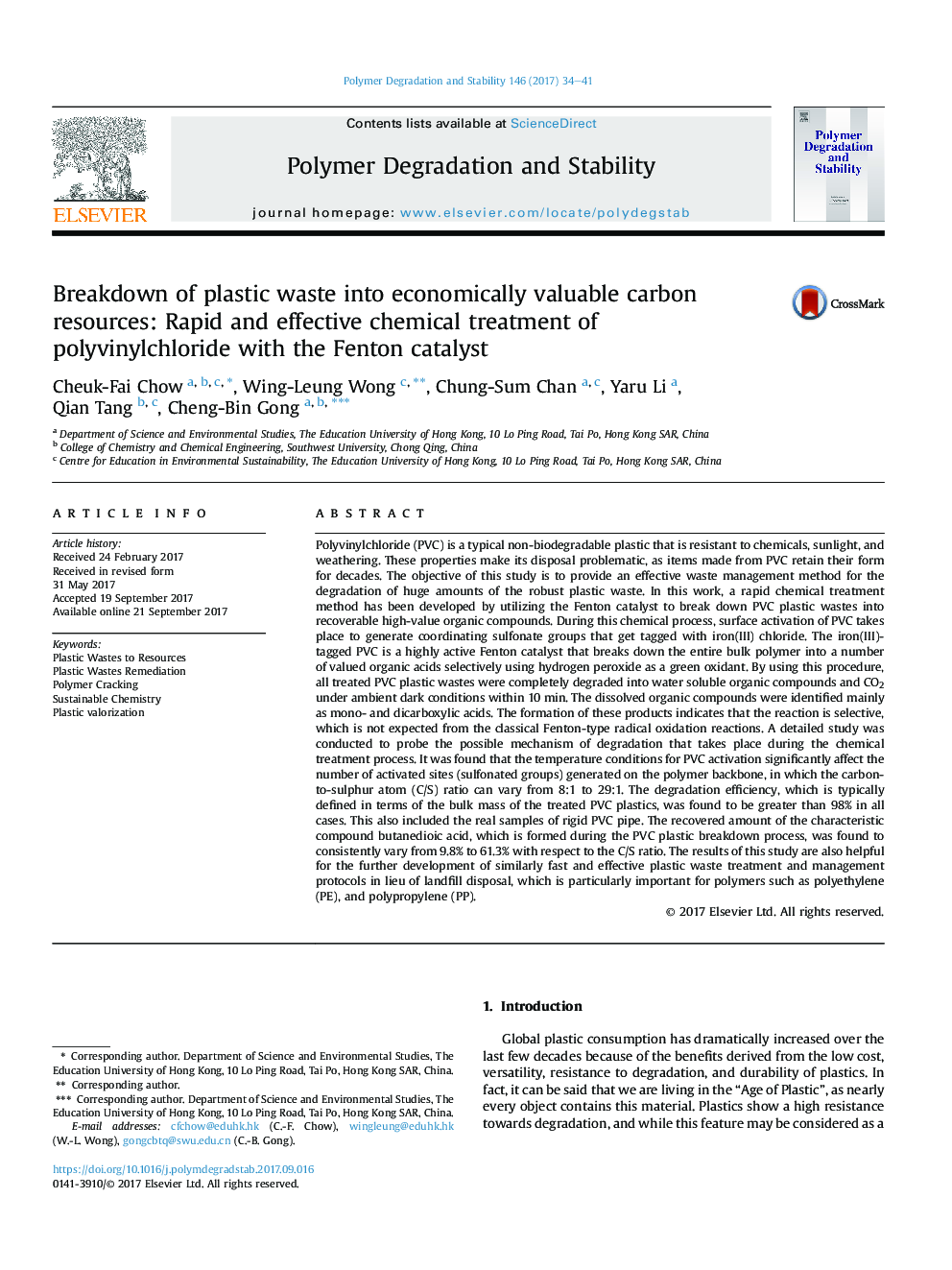 Breakdown of plastic waste into economically valuable carbon resources: Rapid and effective chemical treatment of polyvinylchloride with the Fenton catalyst