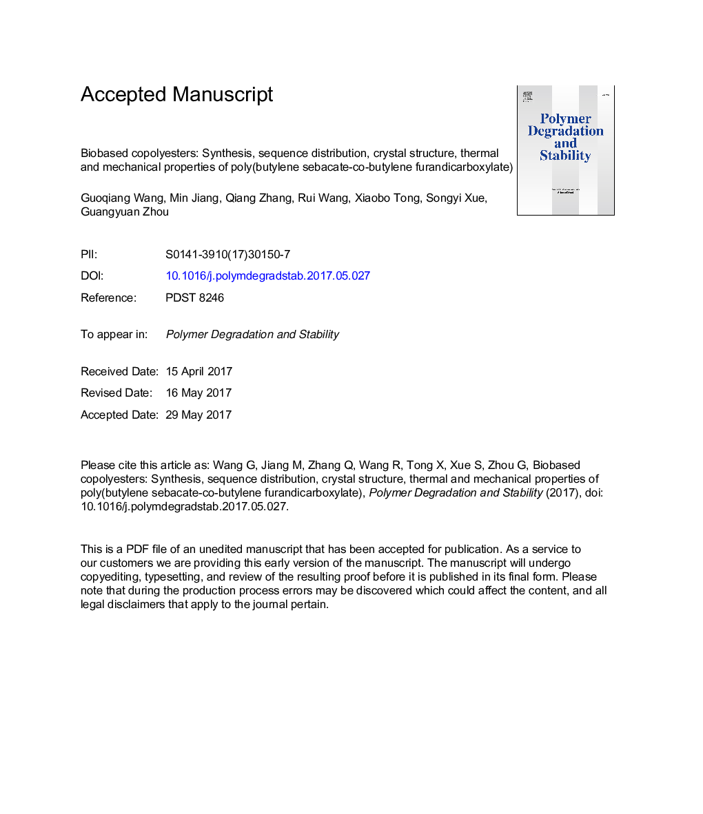 Biobased copolyesters: Synthesis, sequence distribution, crystal structure, thermal and mechanical properties of poly(butylene sebacate-co-butylene furandicarboxylate)