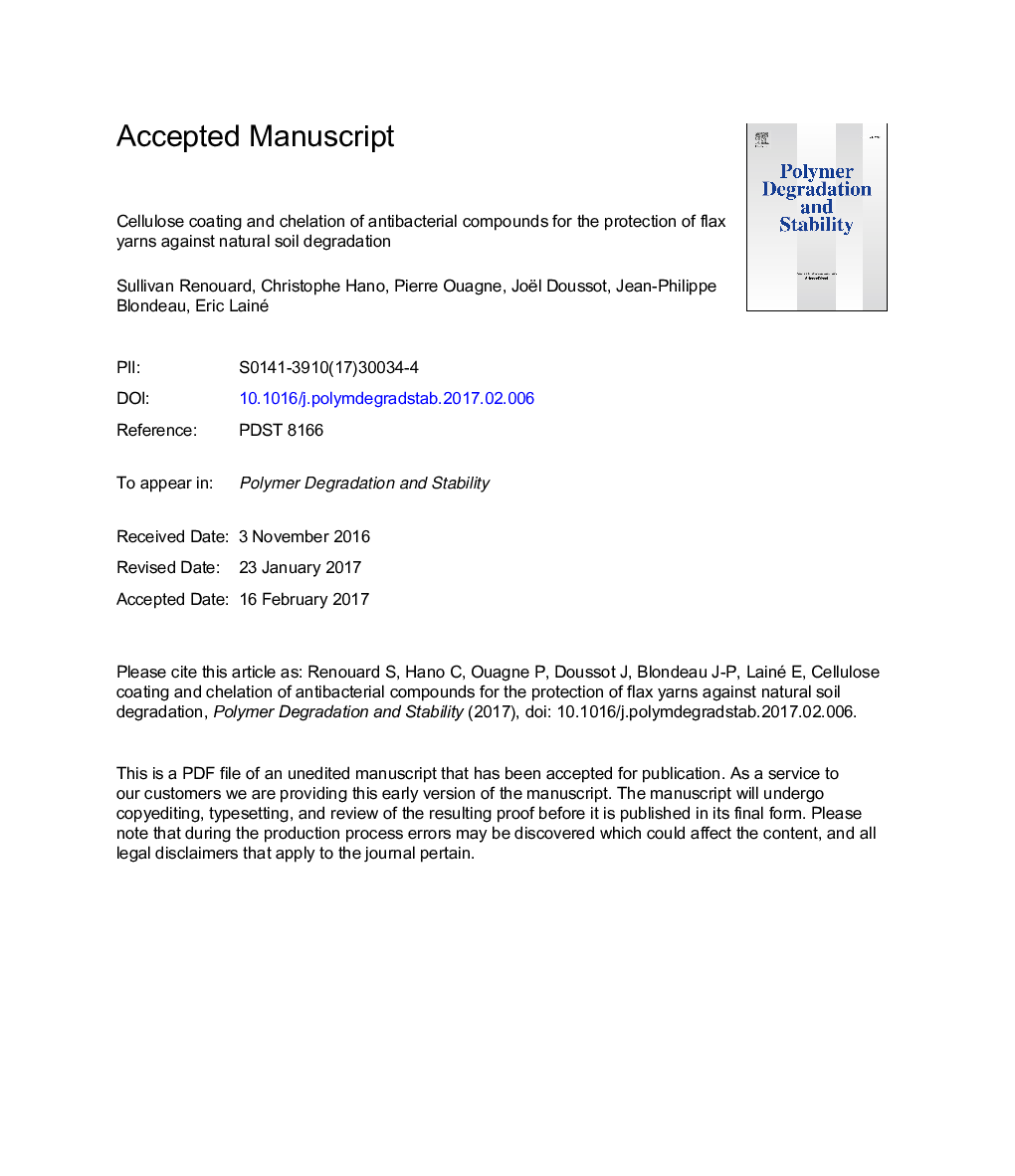 Cellulose coating and chelation of antibacterial compounds for the protection of flax yarns against natural soil degradation