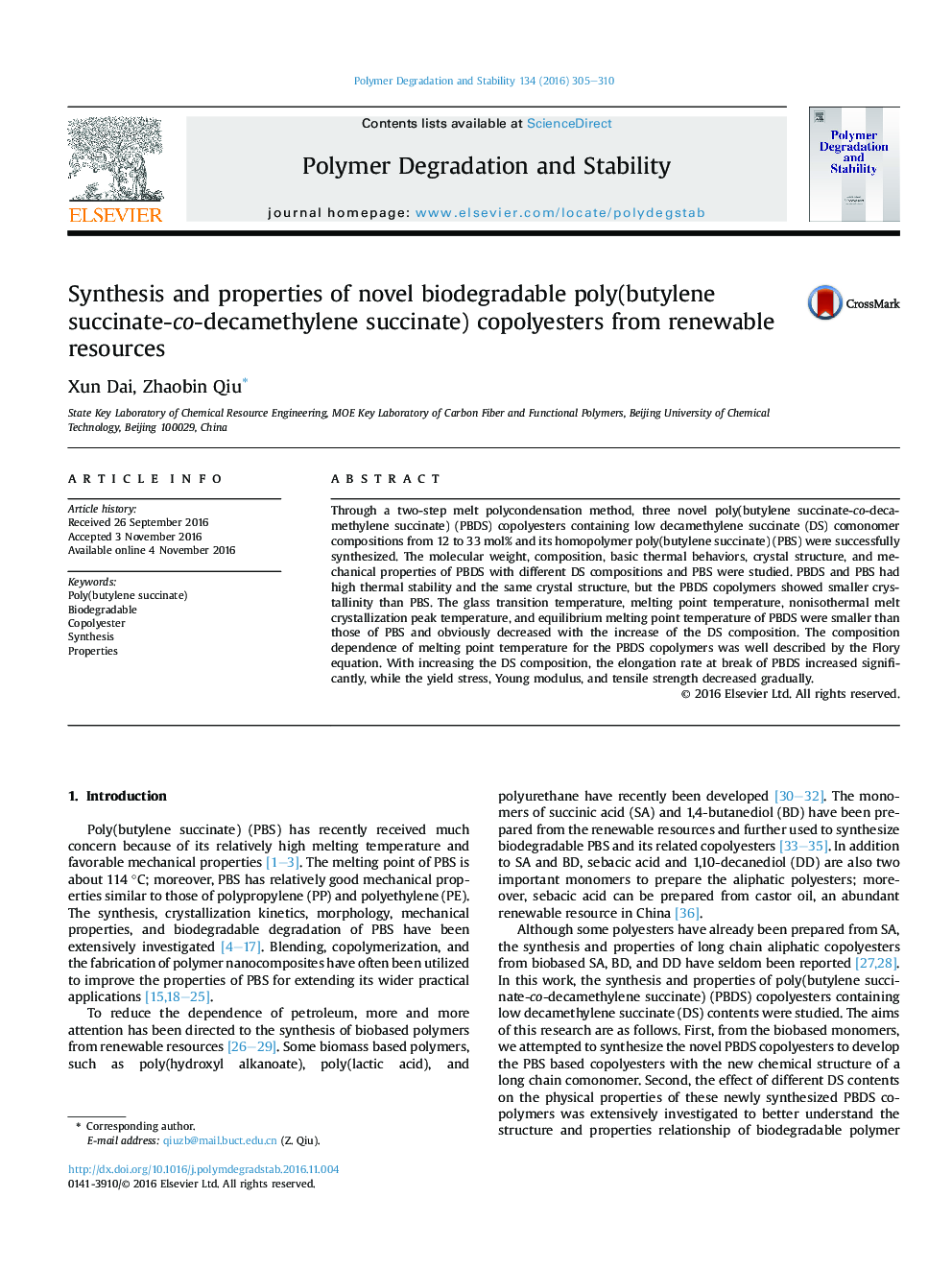 Synthesis and properties of novel biodegradable poly(butylene succinate-co-decamethylene succinate) copolyesters from renewable resources