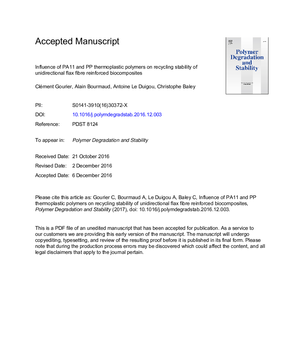 Influence of PA11 and PP thermoplastic polymers on recycling stability of unidirectional flax fibre reinforced biocomposites