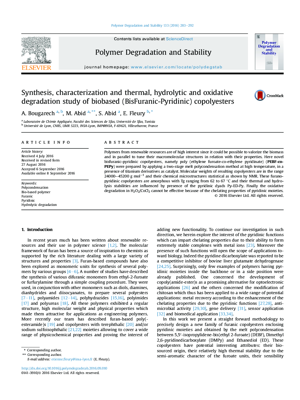 Synthesis, characterization and thermal, hydrolytic and oxidative degradation study of biobased (BisFuranic-Pyridinic) copolyesters