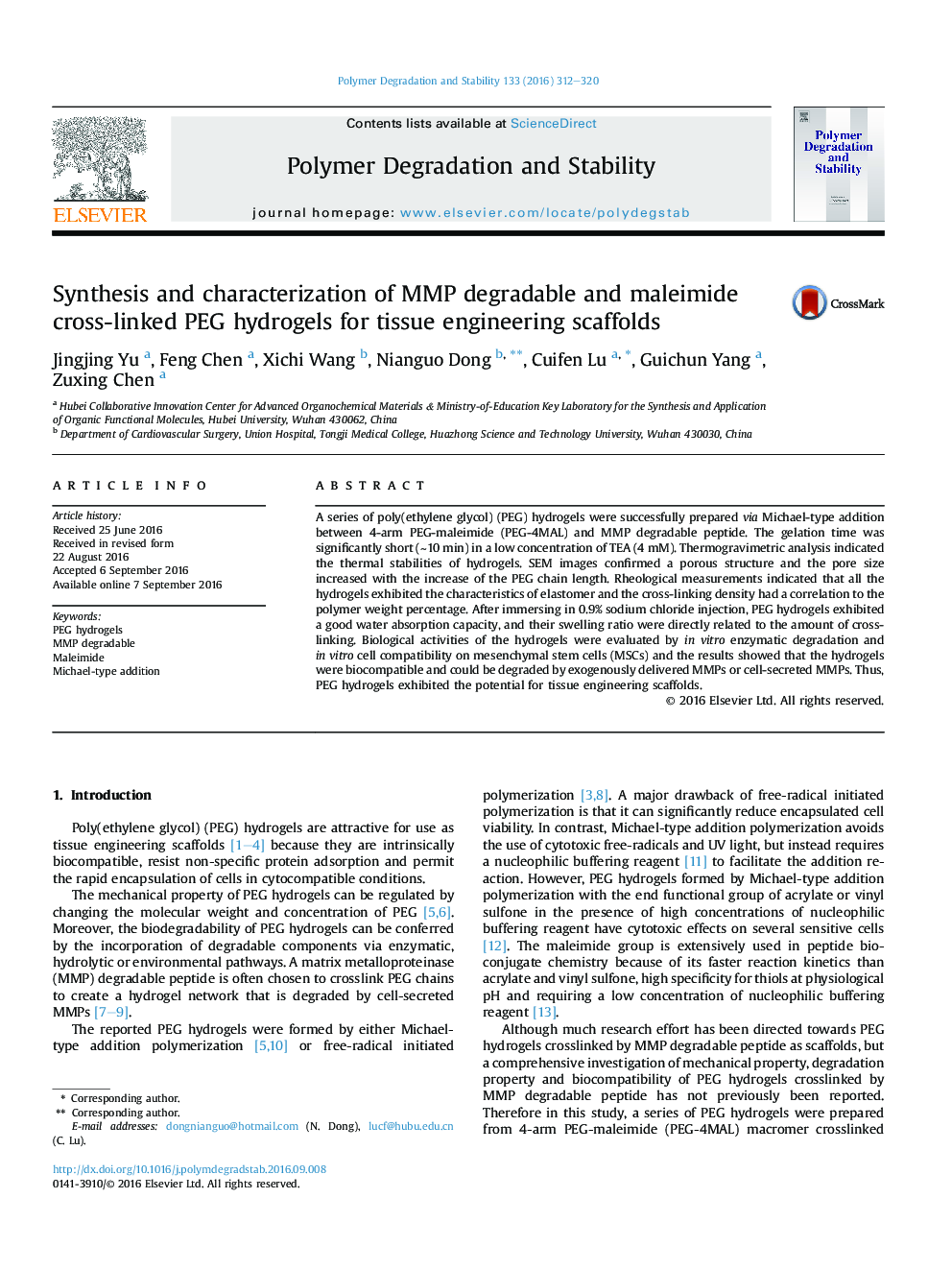 Synthesis and characterization of MMP degradable and maleimide cross-linked PEG hydrogels for tissue engineering scaffolds