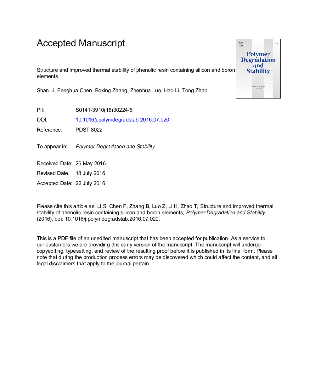 Structure and improved thermal stability of phenolic resin containing silicon and boron elements