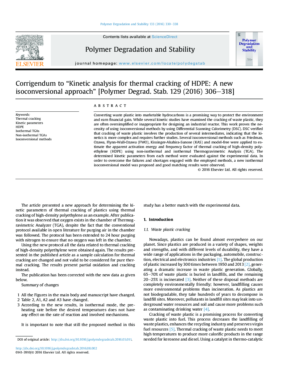 Corrigendum to “Kinetic analysis for thermal cracking of HDPE: A new isoconversional approach” [Polymer Degrad. Stab. 129 (2016) 306-318]