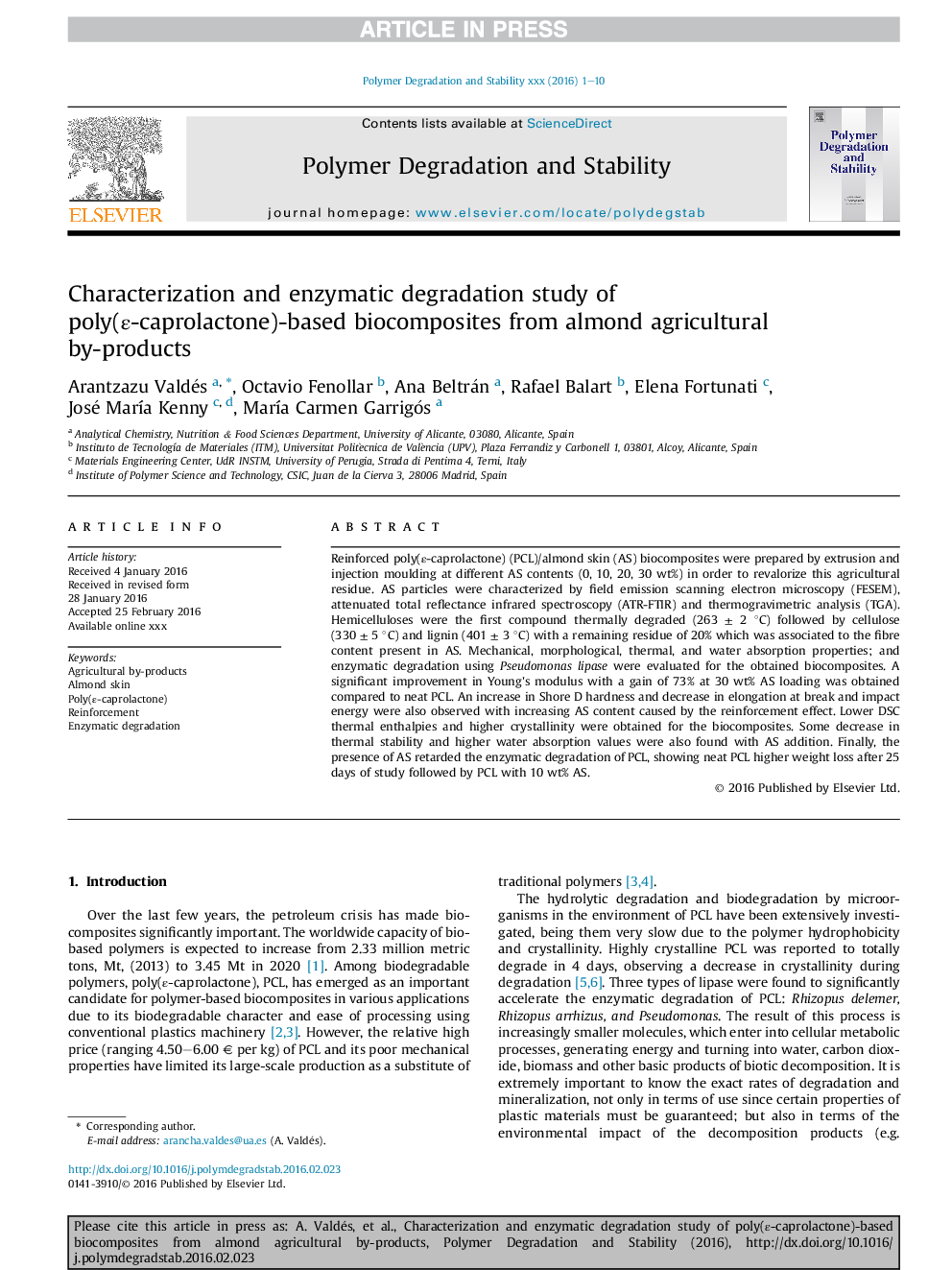 Characterization and enzymatic degradation study of poly(Îµ-caprolactone)-based biocomposites from almond agricultural by-products