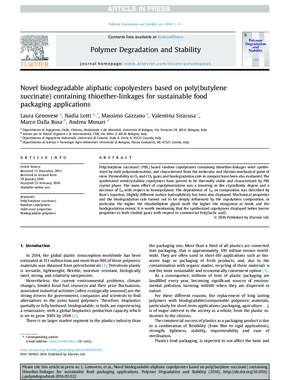 Novel biodegradable aliphatic copolyesters based on poly(butylene succinate) containing thioether-linkages for sustainable food packaging applications