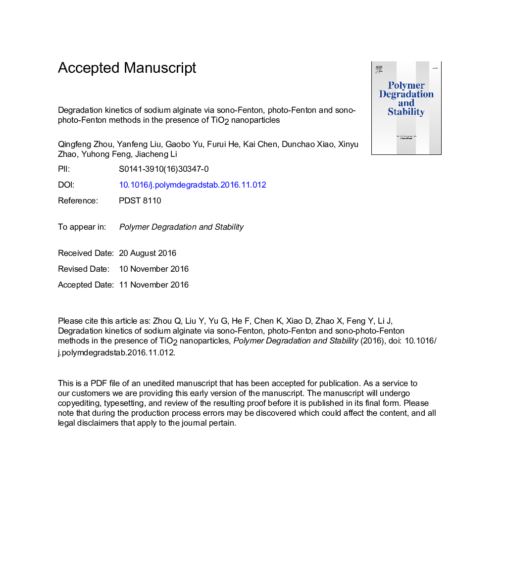 Degradation kinetics of sodium alginate via sono-Fenton, photo-Fenton and sono-photo-Fenton methods in the presence of TiO2 nanoparticles